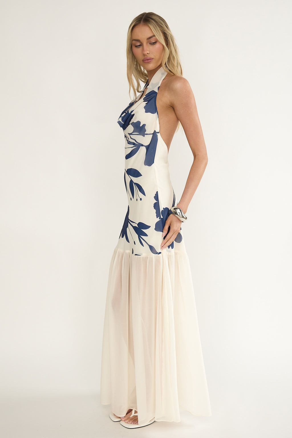 Omaria Cowl Halter Maxi Dress Floral Beige by Selfie Leslie Australia