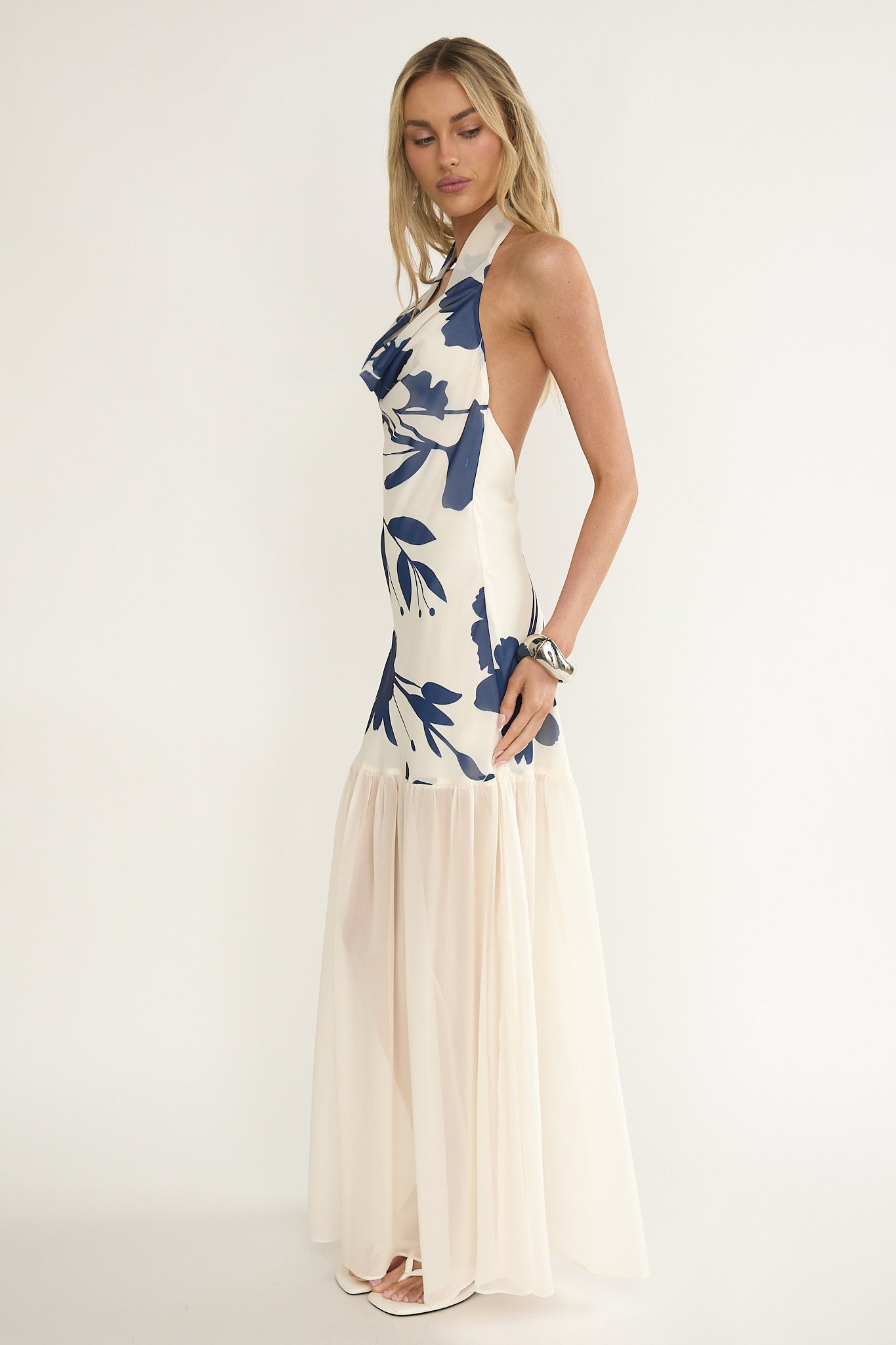 Omaria Cowl Halter Maxi Dress Floral Beige by Selfie Leslie Australia