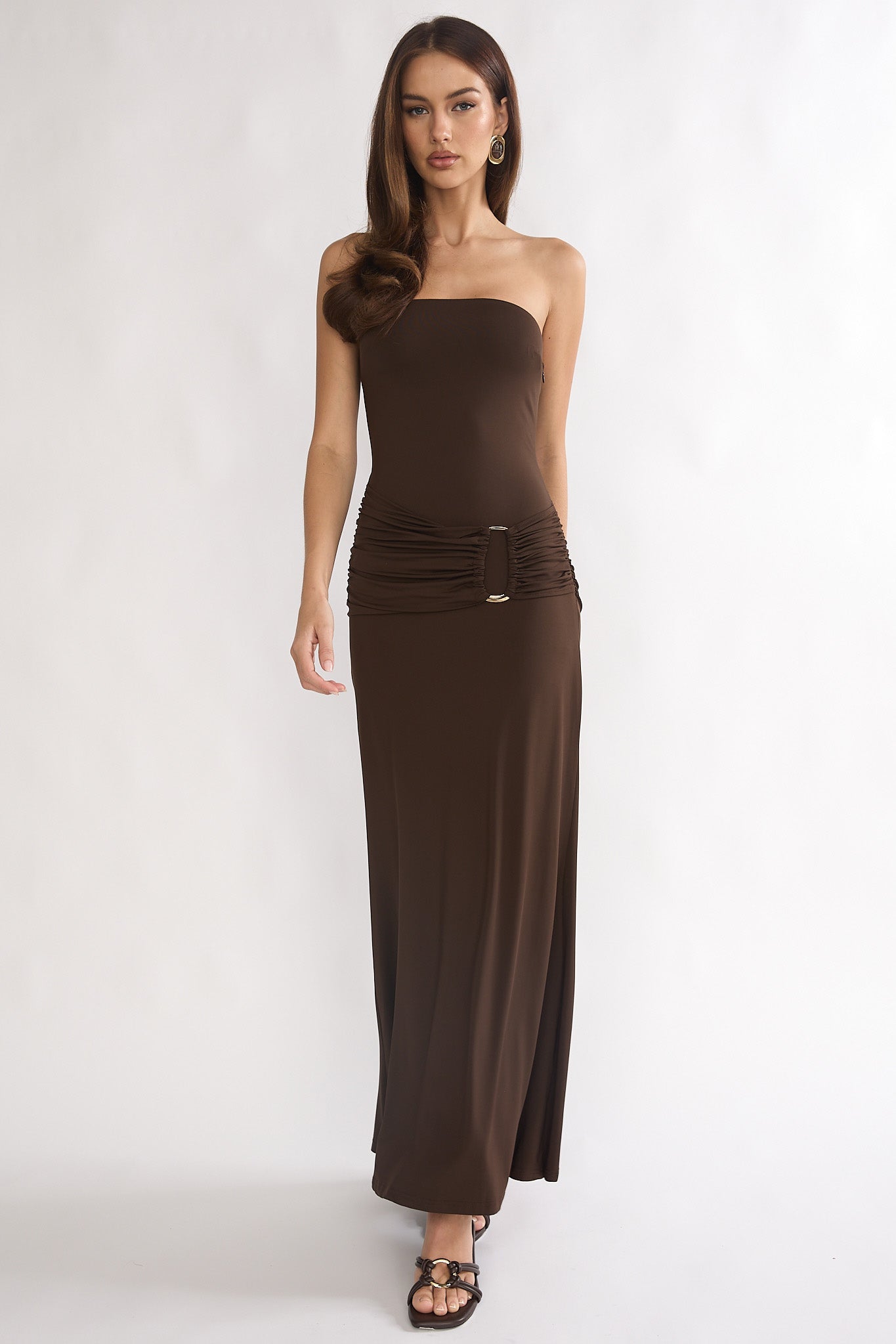 Klaudia Strapless Ruched Waist Maxi Dress Chocolate by Selfie Leslie Australia