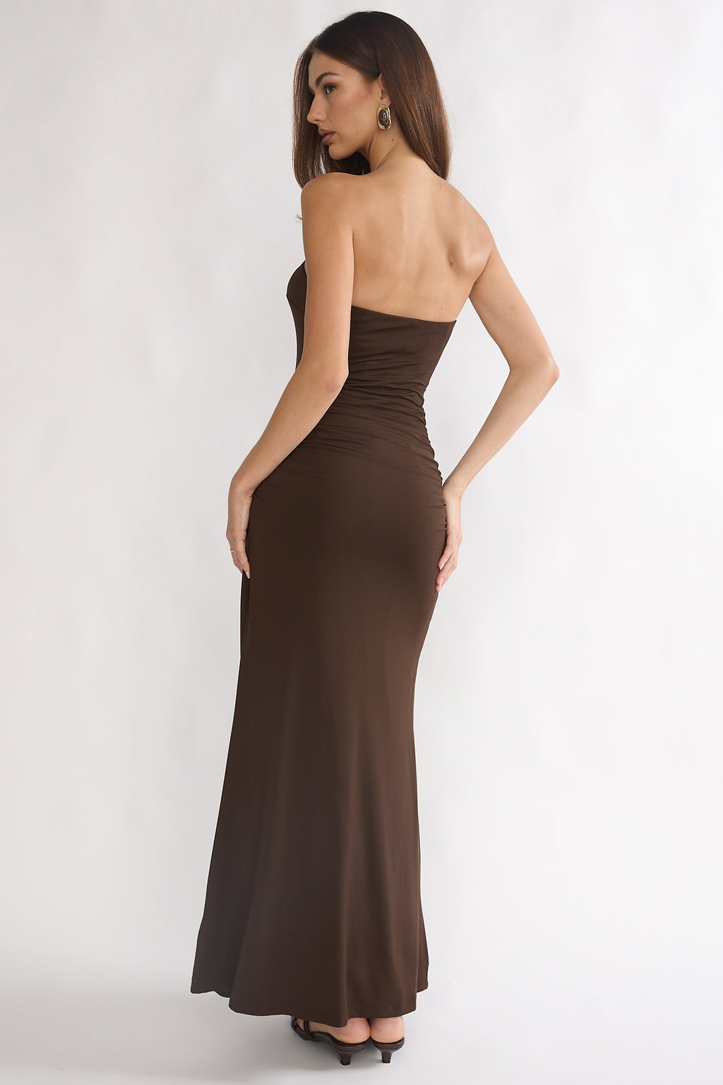 Klaudia Strapless Ruched Waist Maxi Dress Chocolate by Selfie Leslie Australia