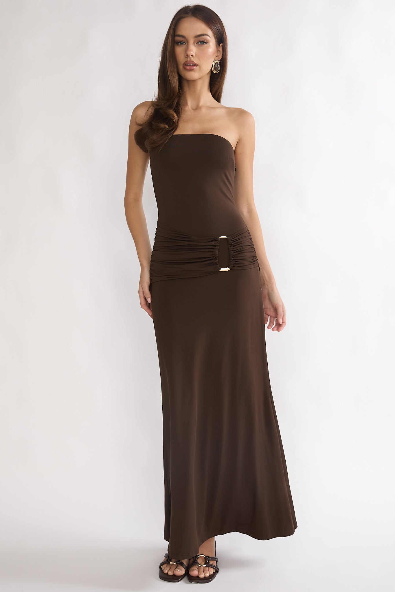 Klaudia Strapless Ruched Waist Maxi Dress Chocolate by Selfie Leslie Australia