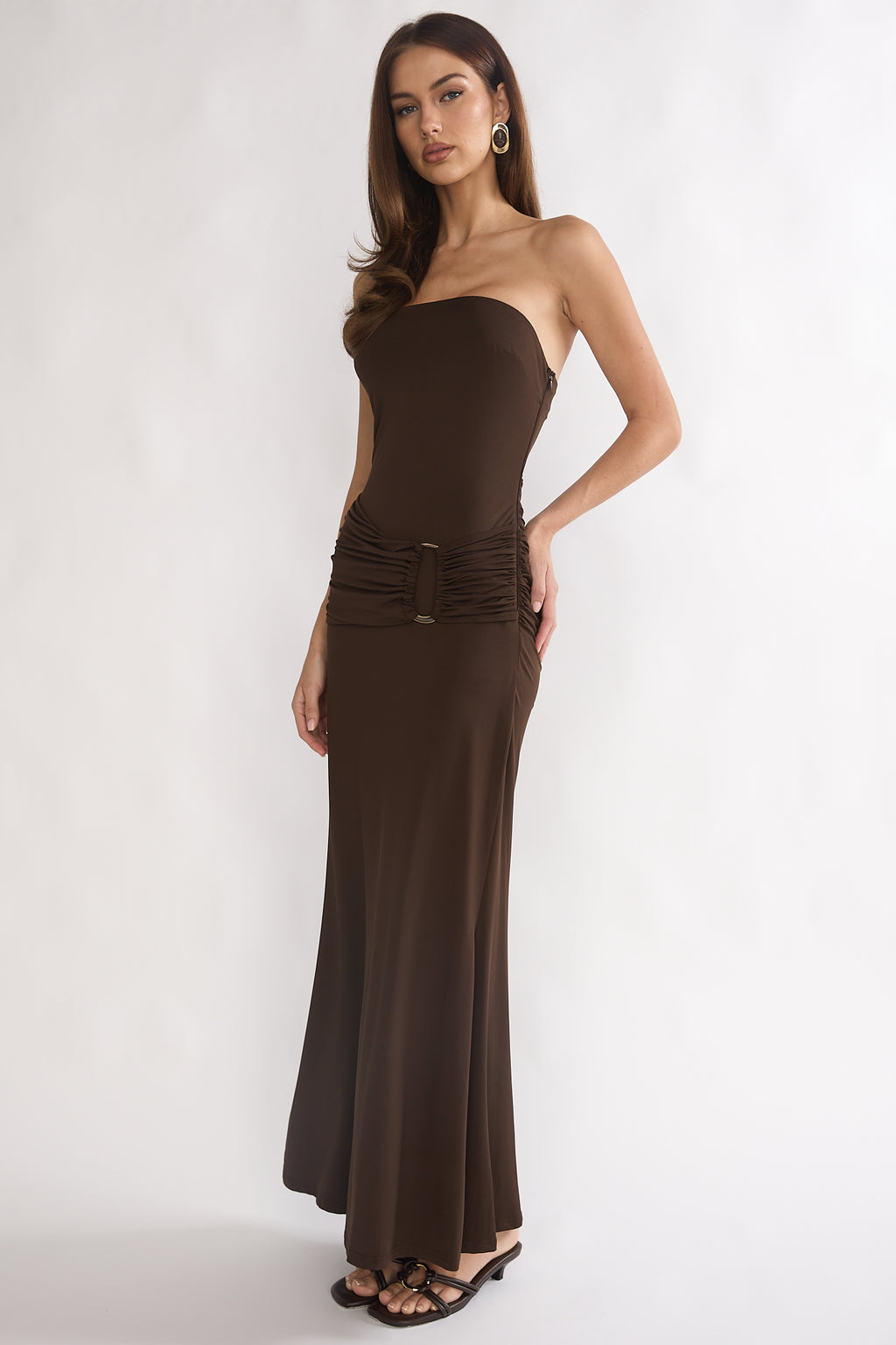 Klaudia Strapless Ruched Waist Maxi Dress Chocolate by Selfie Leslie Australia