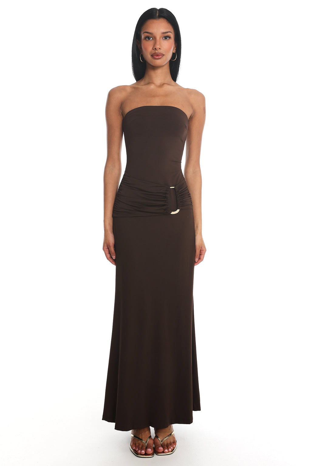 Klaudia Strapless Ruched Waist Maxi Dress Chocolate by Selfie Leslie Australia