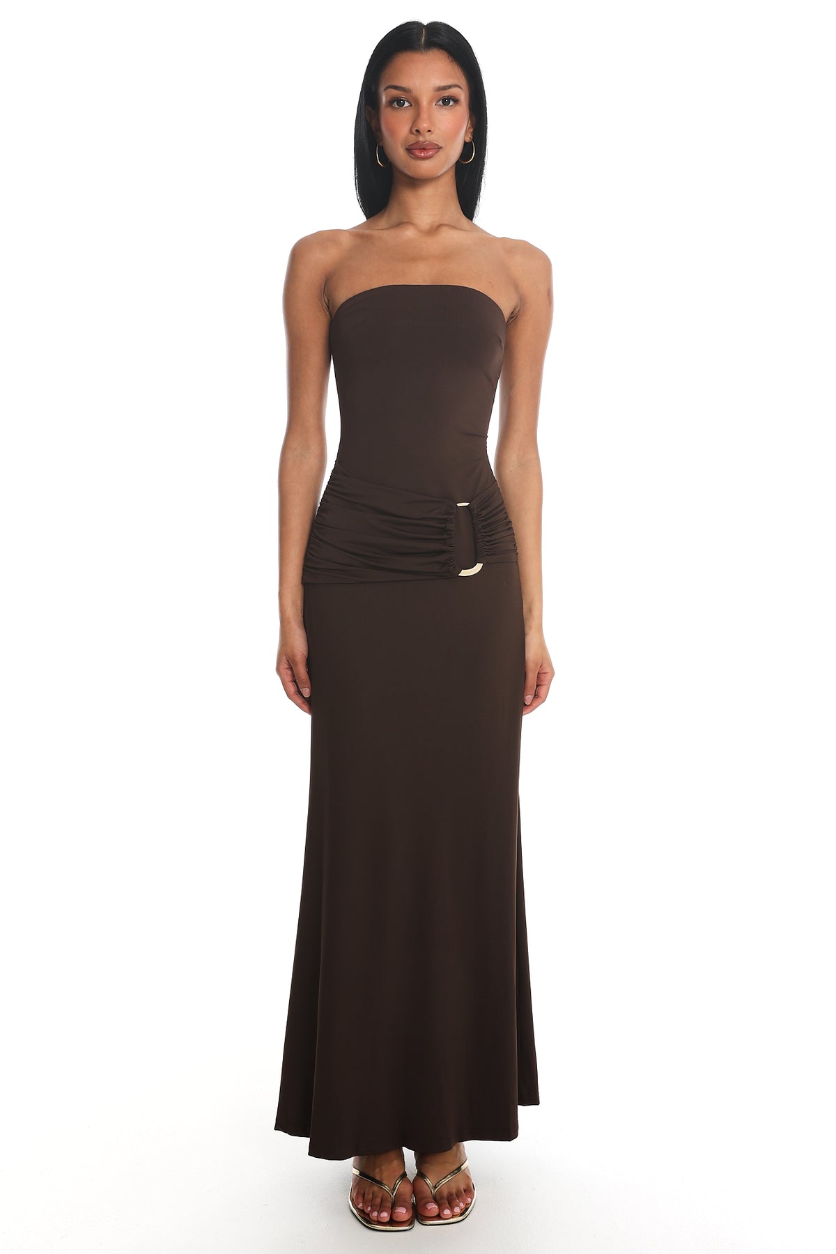 Klaudia Strapless Ruched Waist Maxi Dress Chocolate by Selfie Leslie Australia