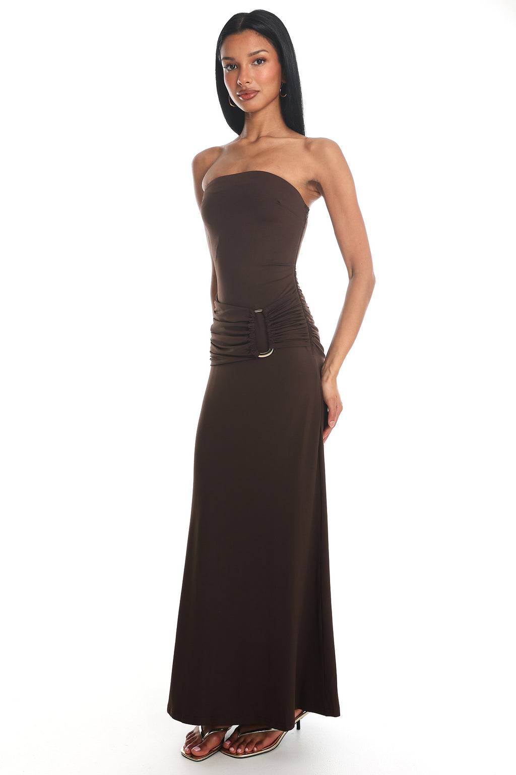 Klaudia Strapless Ruched Waist Maxi Dress Chocolate by Selfie Leslie Australia