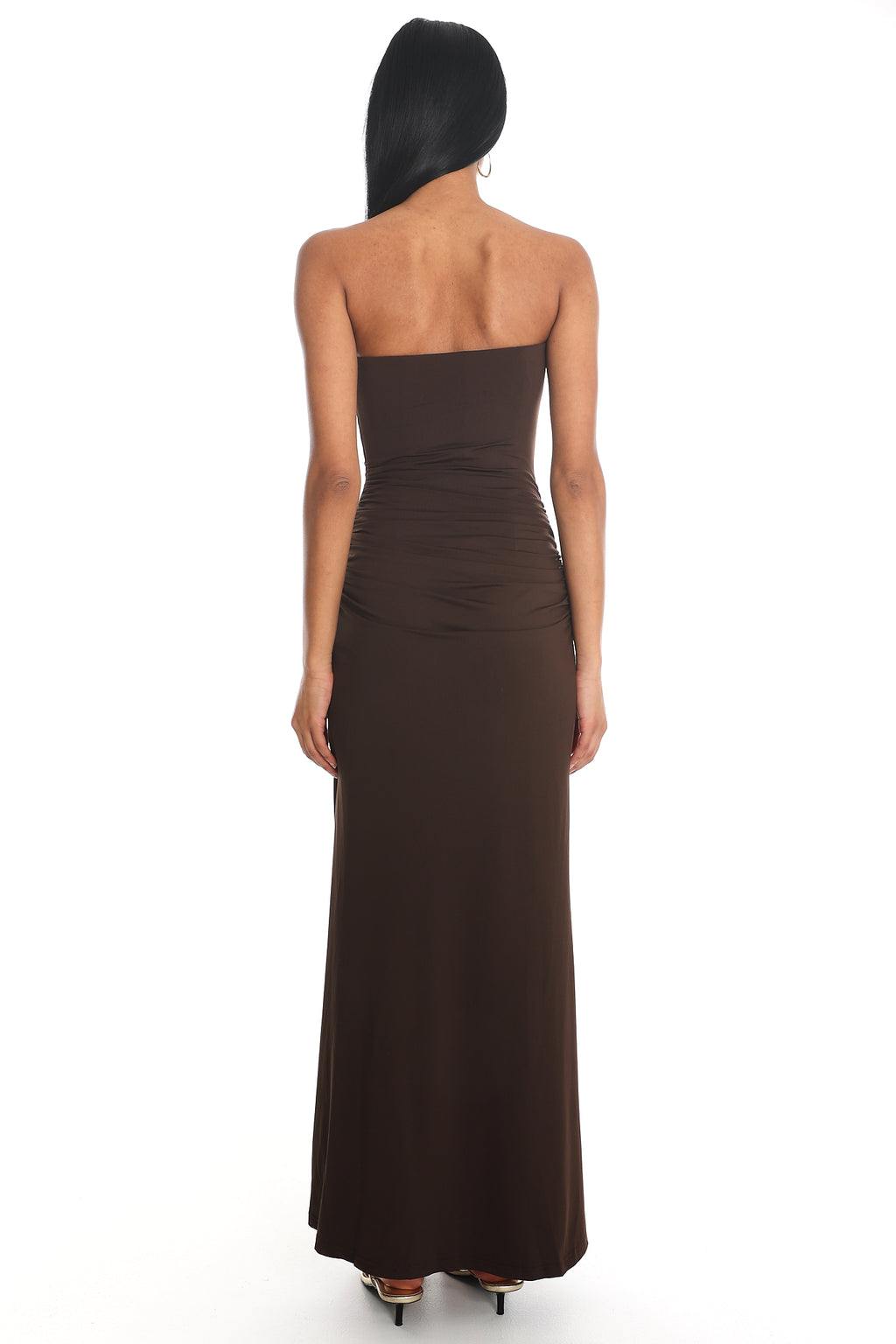 Klaudia Strapless Ruched Waist Maxi Dress Chocolate by Selfie Leslie Australia