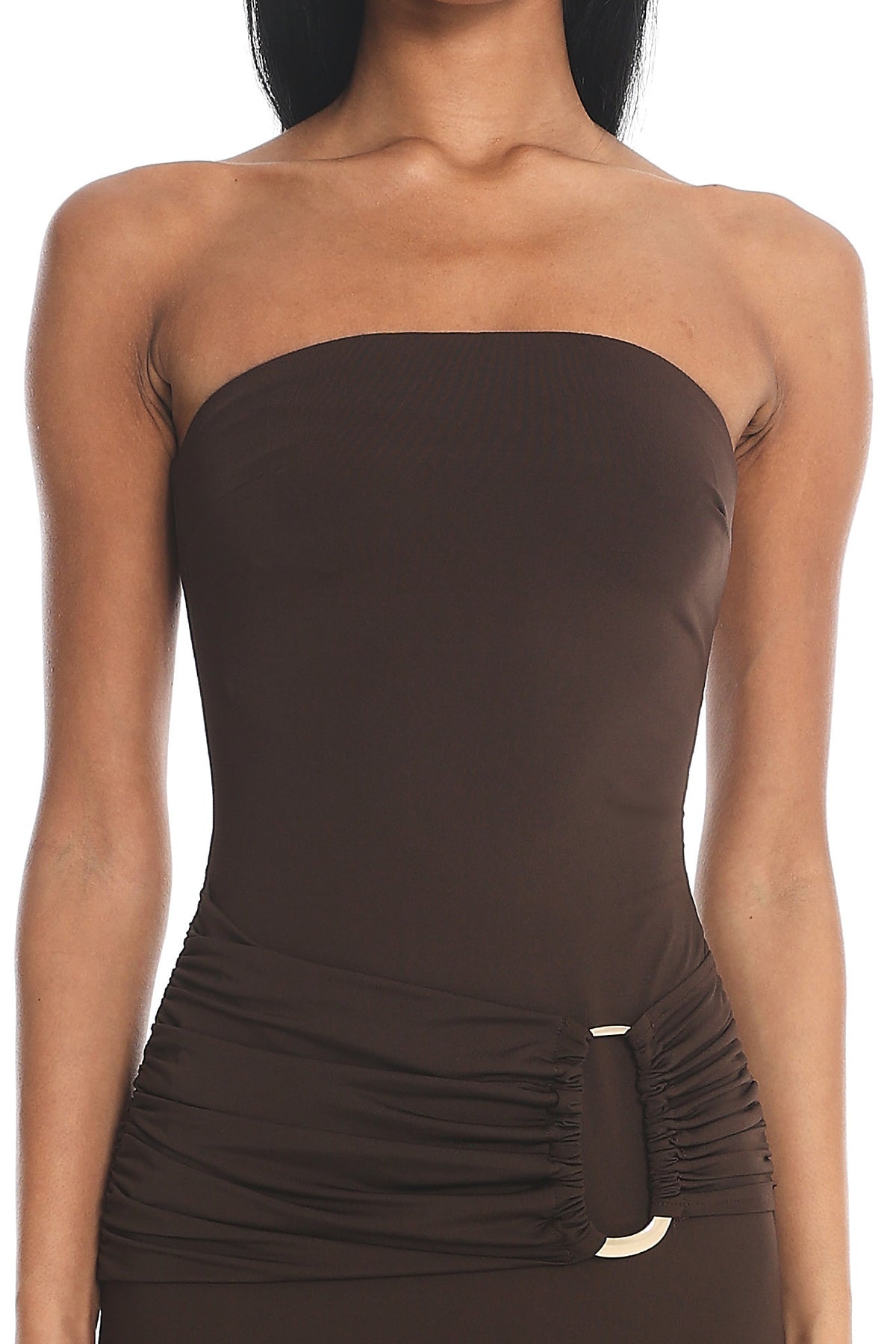 Klaudia Strapless Ruched Waist Maxi Dress Chocolate by Selfie Leslie Australia