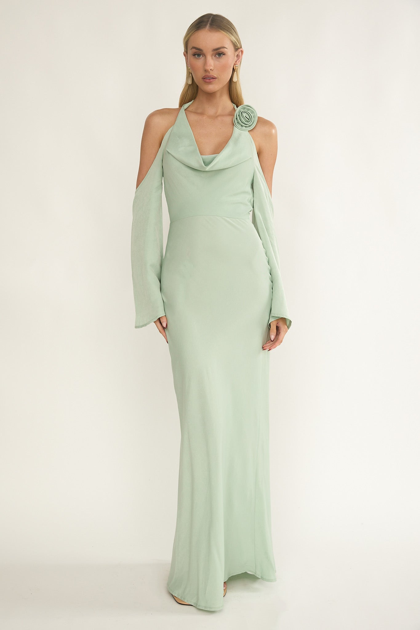 Solenne Cowl Neck Cold Shoulder Maxi Dress Sage by Selfie Leslie Australia