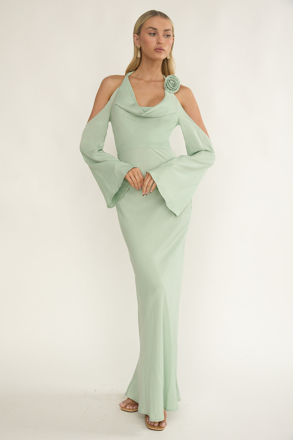 Solenne Cowl Neck Cold Shoulder Maxi Dress Sage by Selfie Leslie Australia