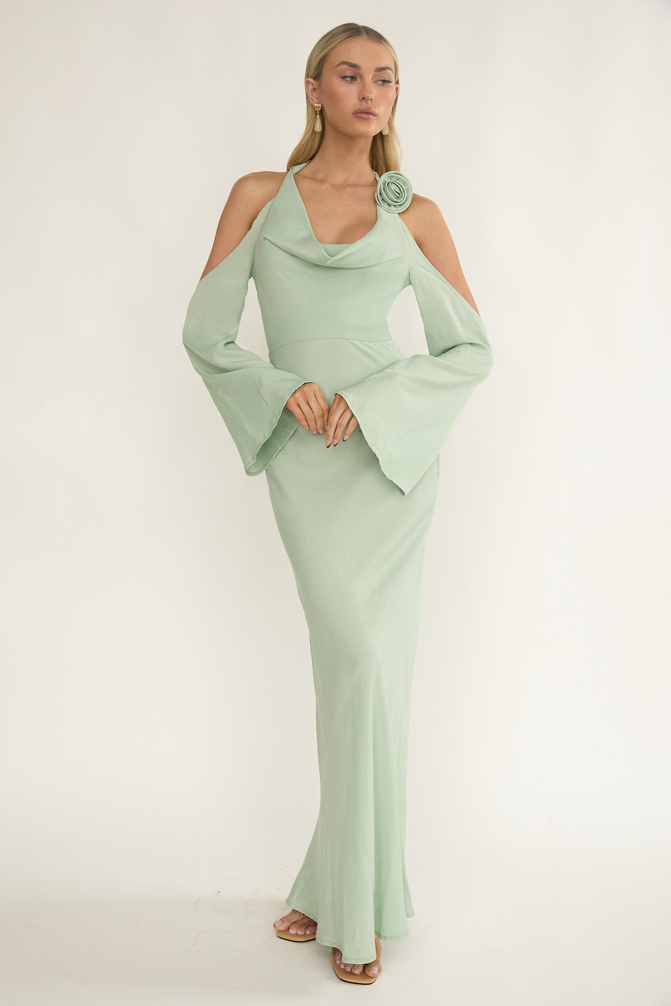 Solenne Cowl Neck Cold Shoulder Maxi Dress Sage by Selfie Leslie Australia