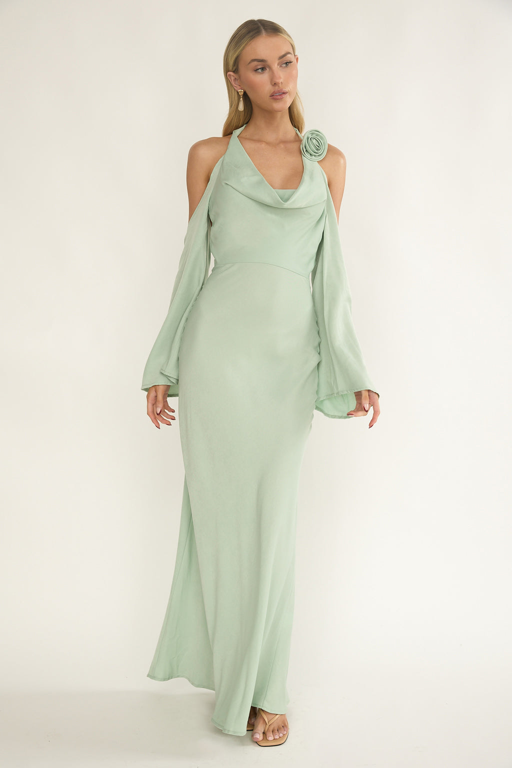 Solenne Cowl Neck Cold Shoulder Maxi Dress Sage by Selfie Leslie Australia