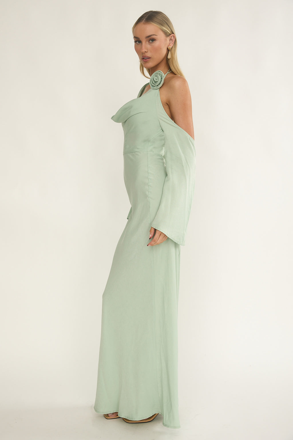Solenne Cowl Neck Cold Shoulder Maxi Dress Sage by Selfie Leslie Australia