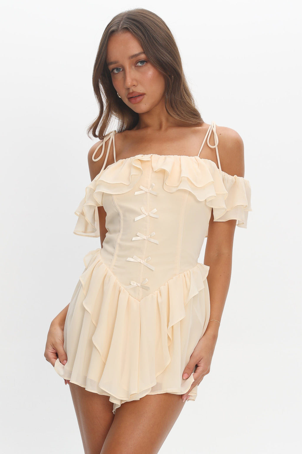 Scarlet Off-Shoulder Ruffle Romper Dress Butter by Selfie Leslie Australia