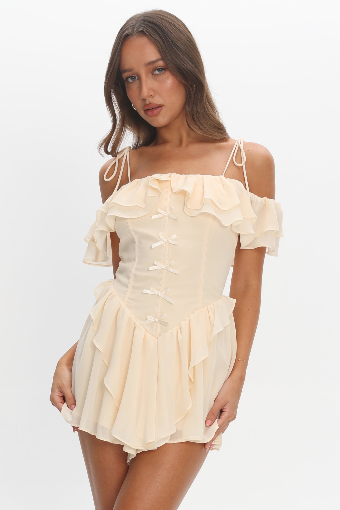 Scarlet Off-Shoulder Ruffle Romper Dress Butter by Selfie Leslie Australia