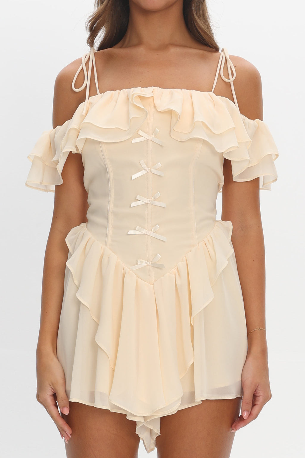 Scarlet Off-Shoulder Ruffle Romper Dress Butter by Selfie Leslie Australia