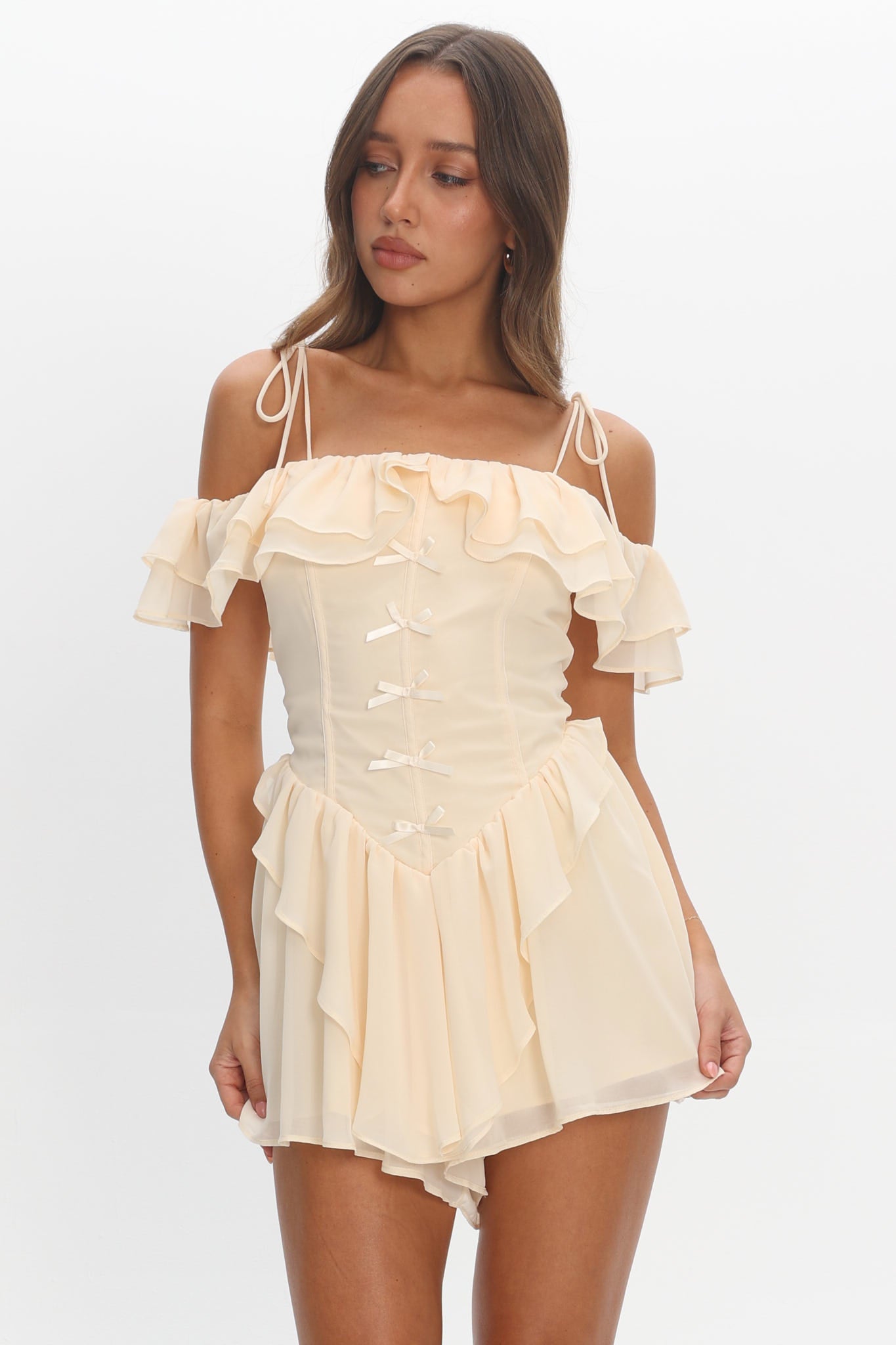 Scarlet Off-Shoulder Ruffle Romper Dress Butter by Selfie Leslie Australia