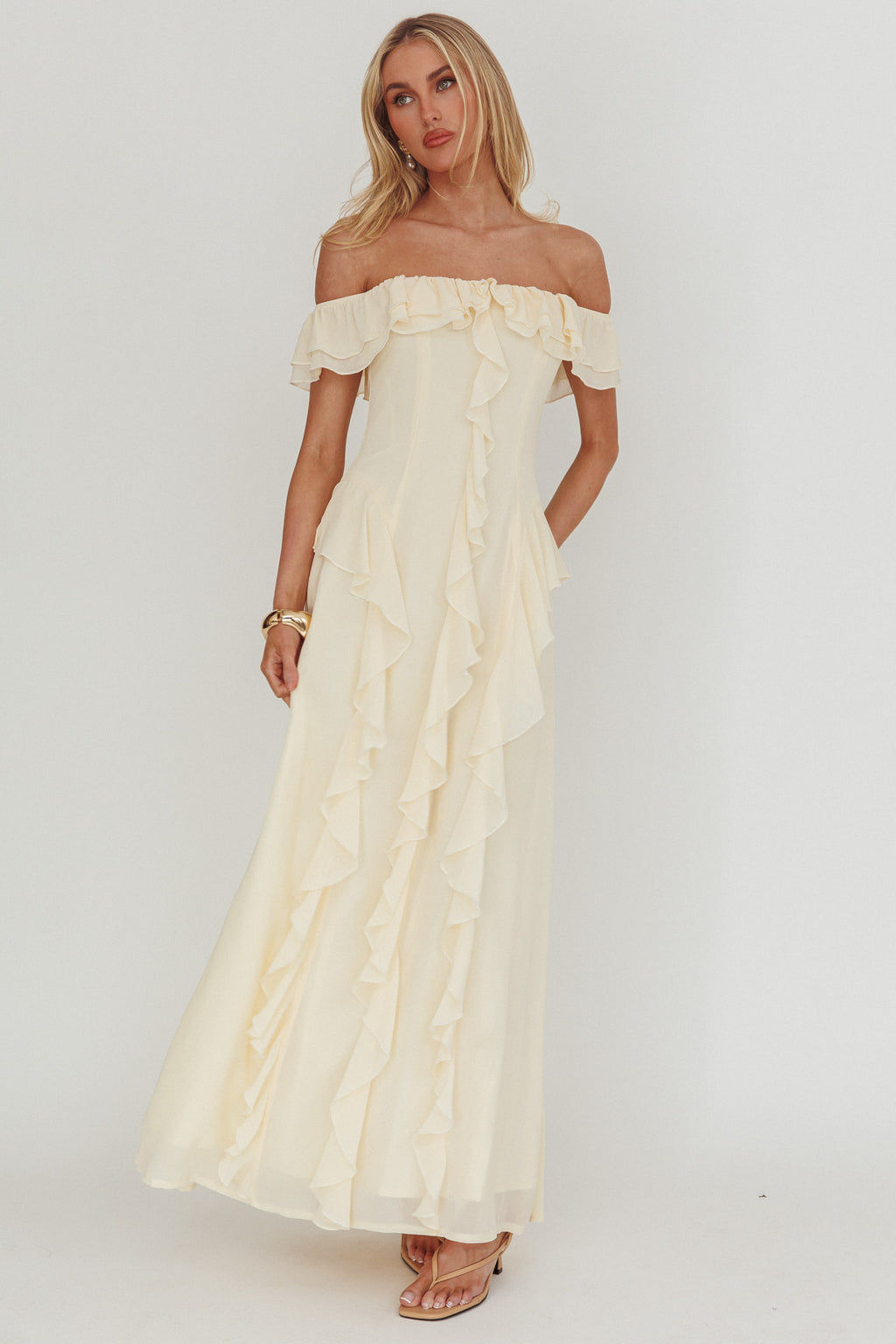 Scarlet Off-Shoulder Ruffle Trim Maxi Dress Butter by Selfie Leslie Australia