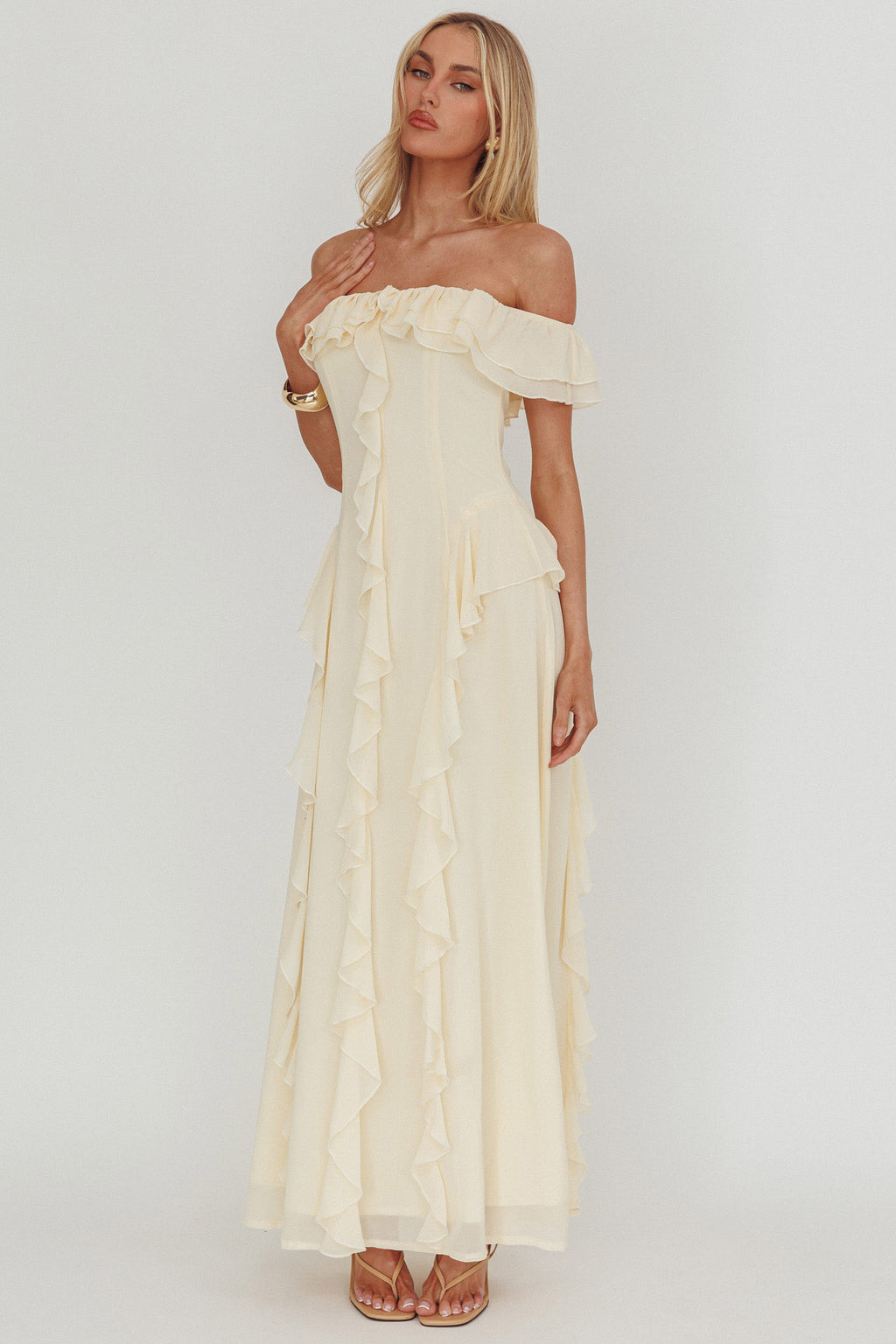 Scarlet Off-Shoulder Ruffle Trim Maxi Dress Butter by Selfie Leslie Australia
