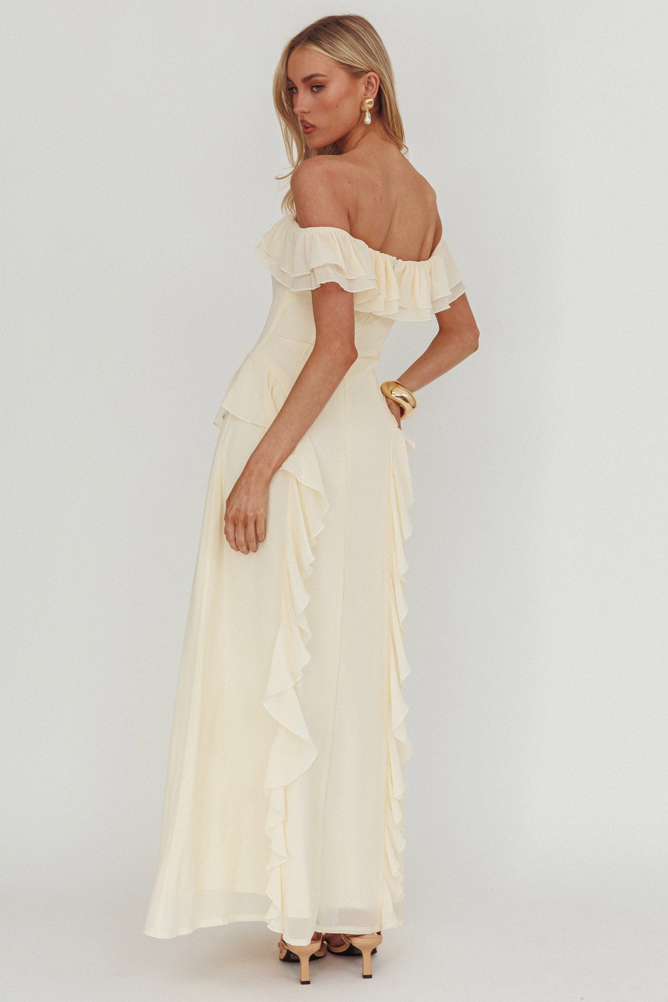 Scarlet Off-Shoulder Ruffle Trim Maxi Dress Butter by Selfie Leslie Australia