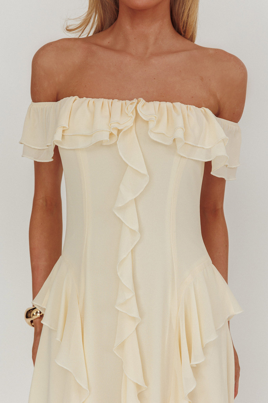 Scarlet Off-Shoulder Ruffle Trim Maxi Dress Butter by Selfie Leslie Australia