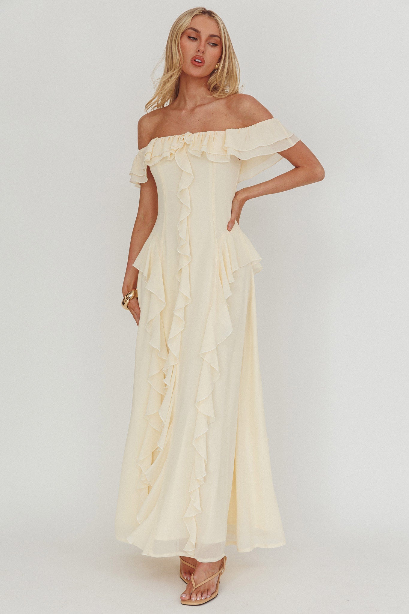 Scarlet Off-Shoulder Ruffle Trim Maxi Dress Butter by Selfie Leslie Australia