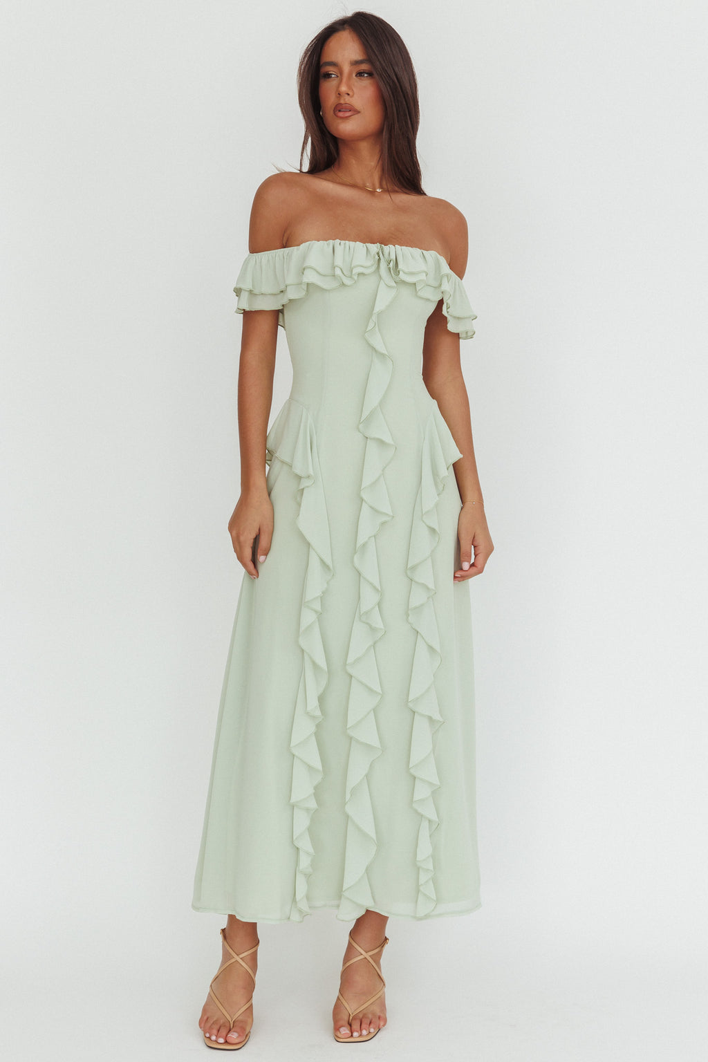 Scarlet Off-Shoulder Ruffle Trim Maxi Dress Sage by Selfie Leslie Australia