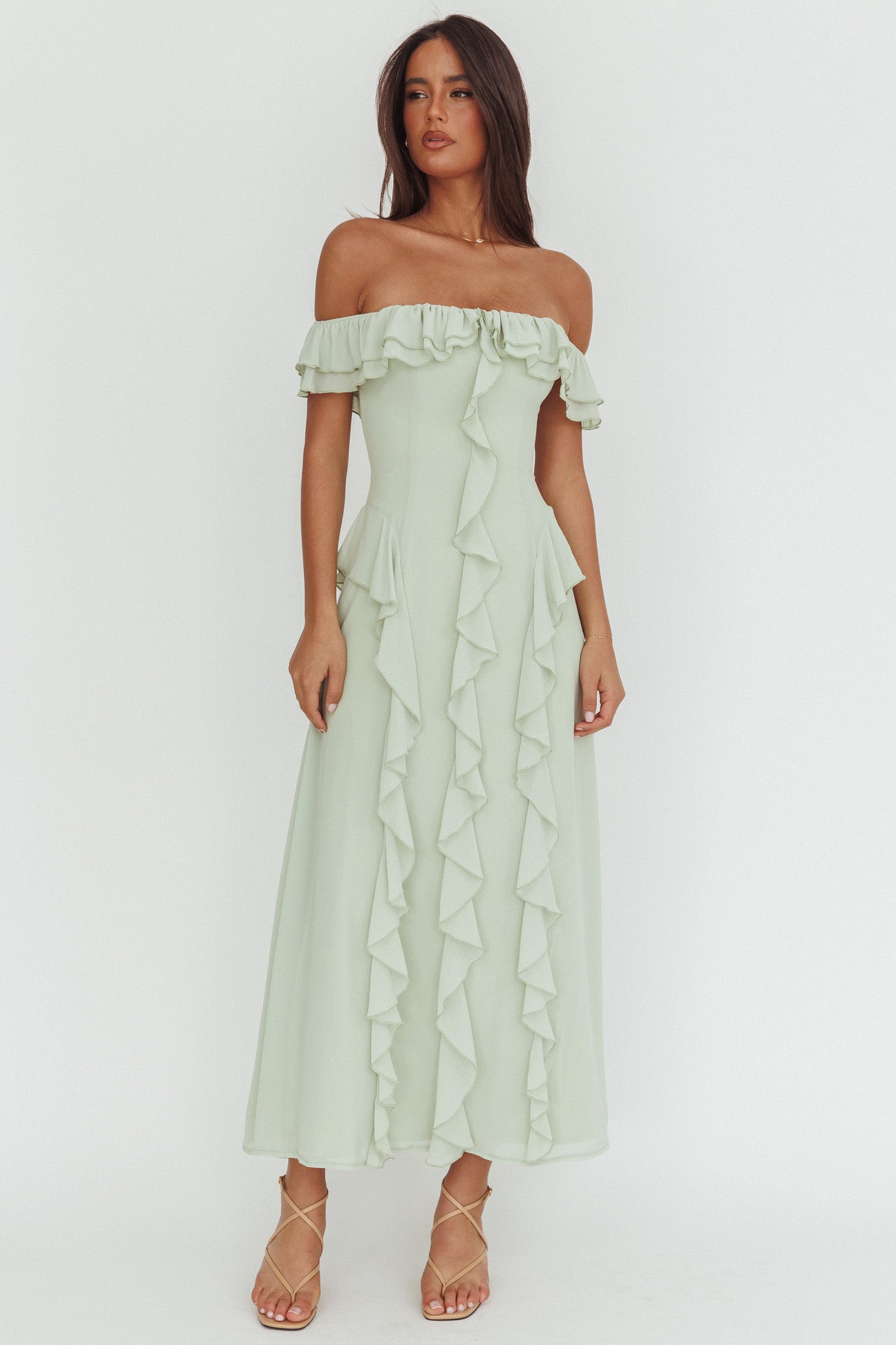 Scarlet Off-Shoulder Ruffle Trim Maxi Dress Sage by Selfie Leslie Australia