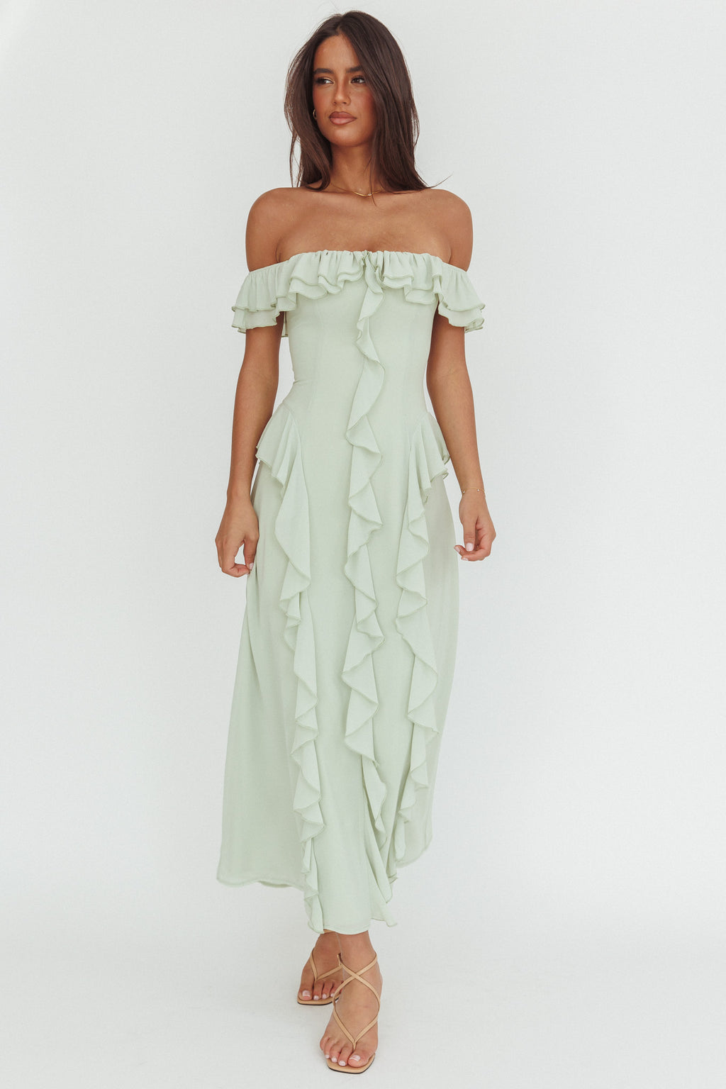 Scarlet Off-Shoulder Ruffle Trim Maxi Dress Sage by Selfie Leslie Australia