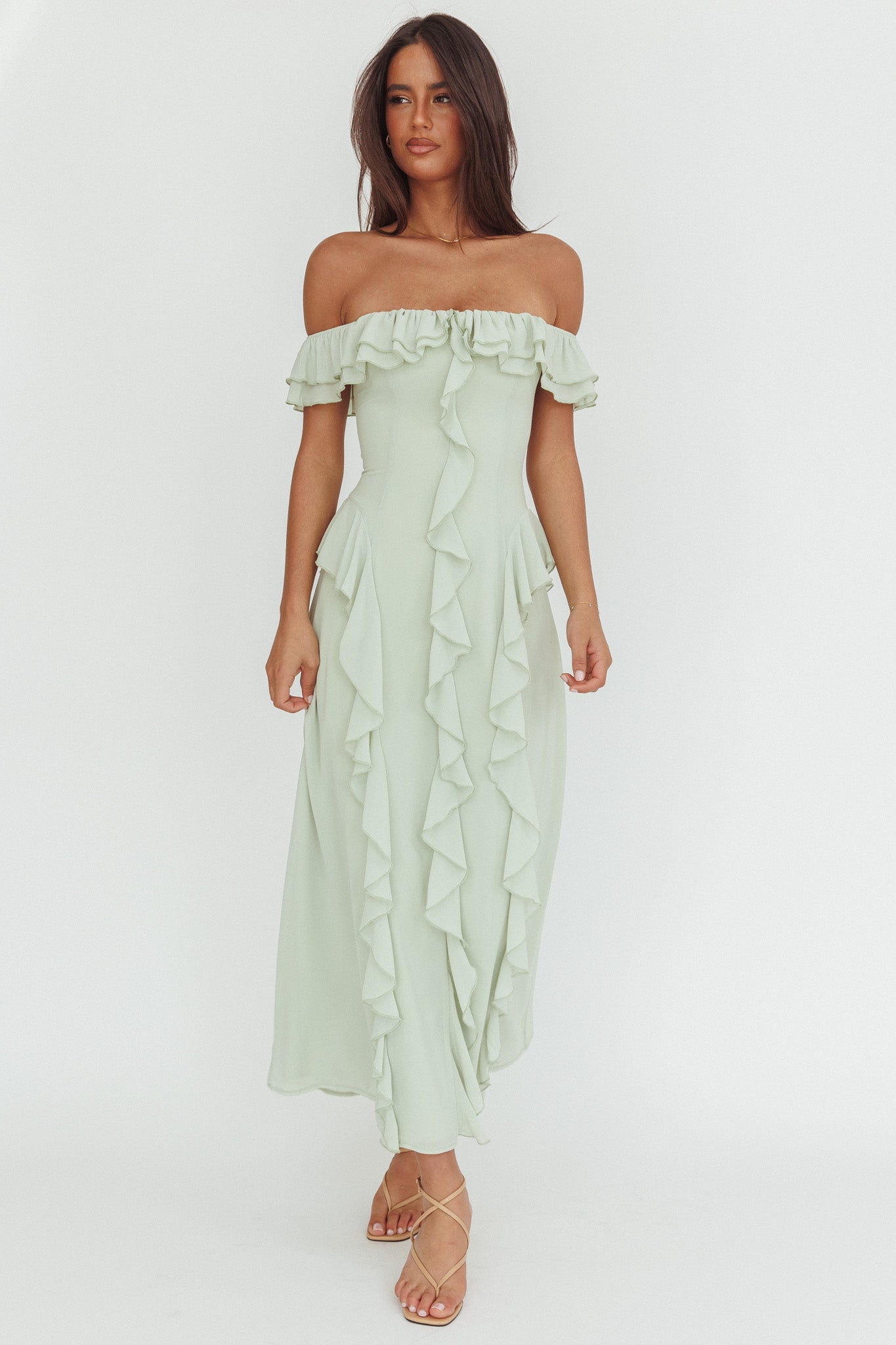 Scarlet Off-Shoulder Ruffle Trim Maxi Dress Sage by Selfie Leslie Australia