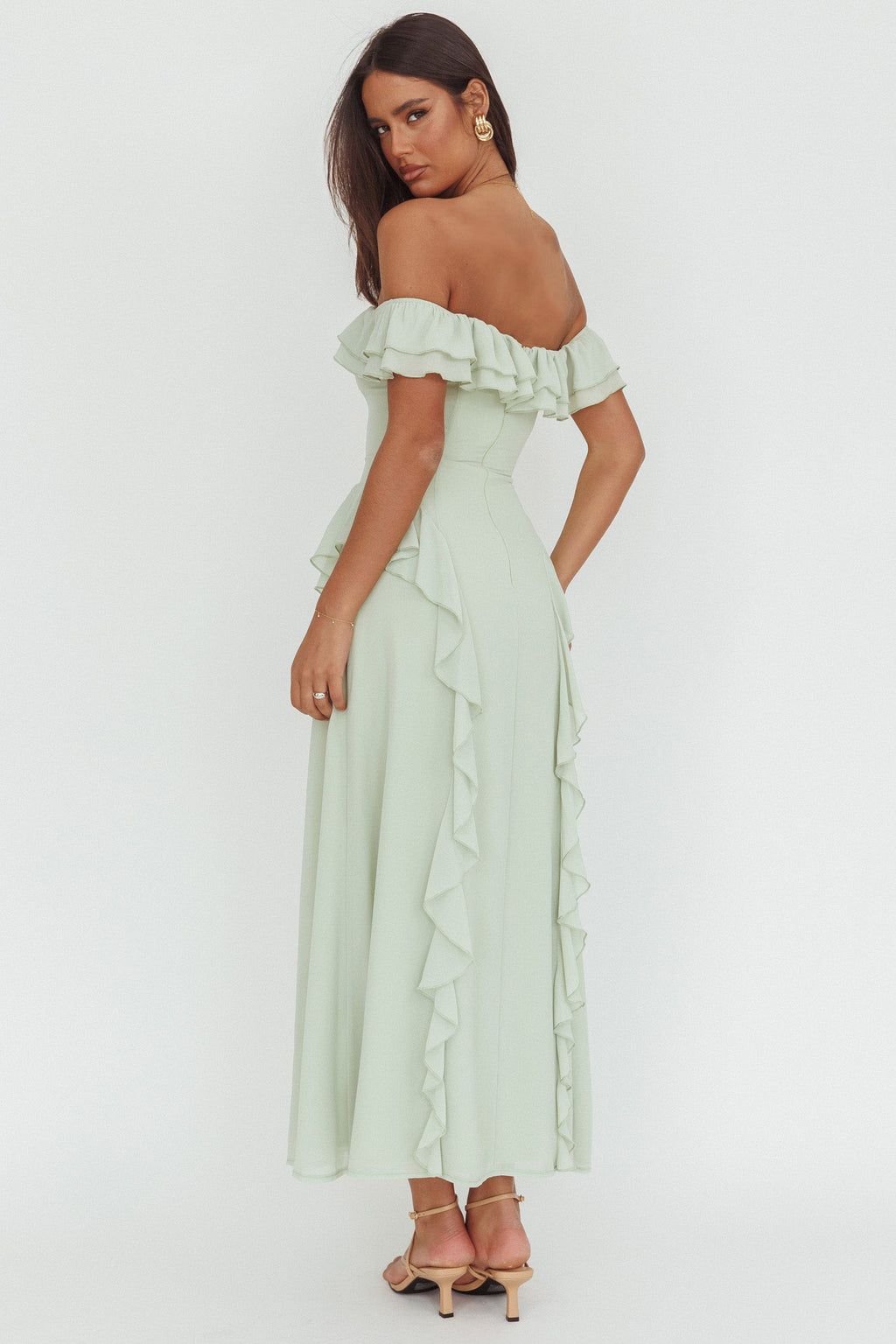 Scarlet Off-Shoulder Ruffle Trim Maxi Dress Sage by Selfie Leslie Australia
