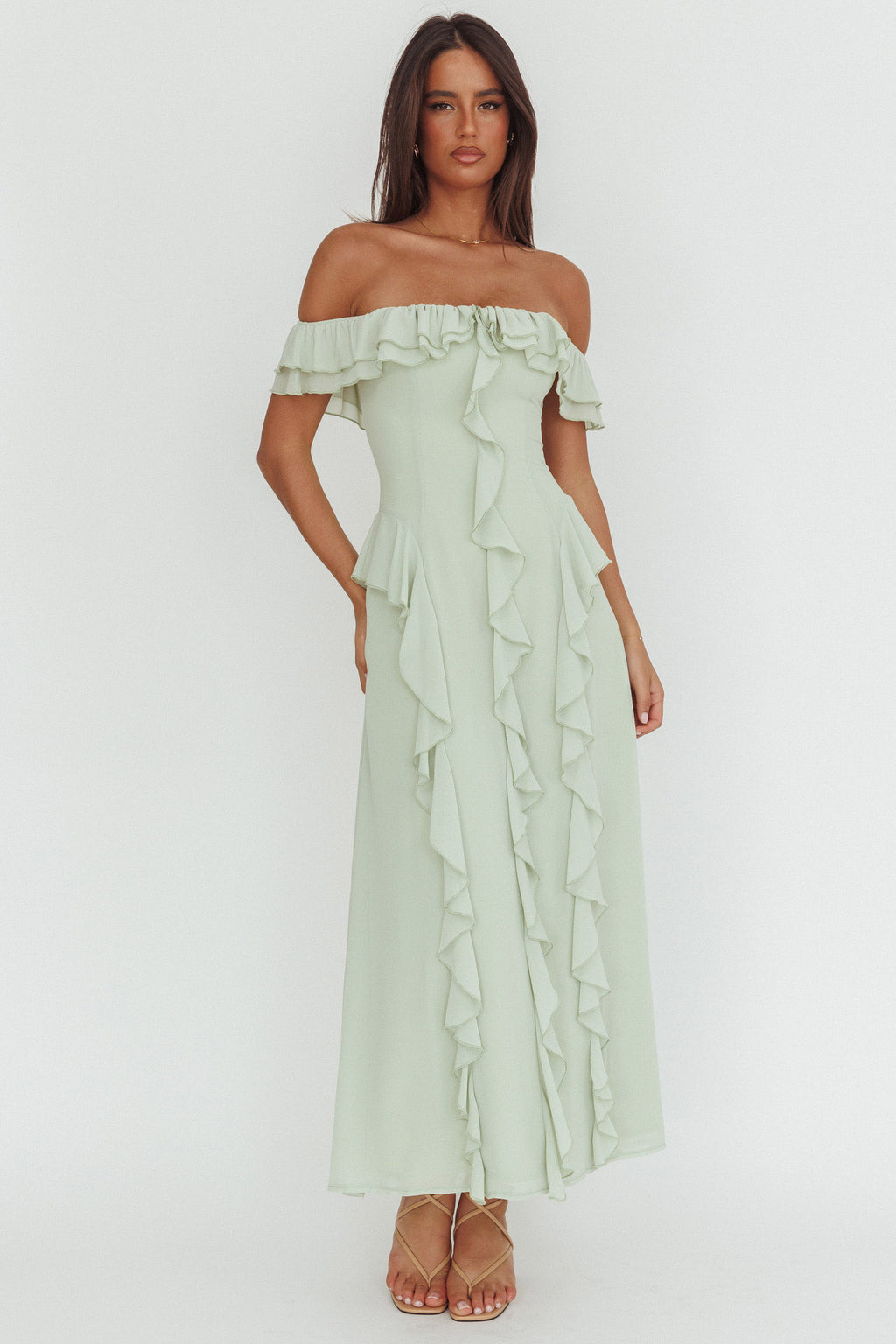 Scarlet Off-Shoulder Ruffle Trim Maxi Dress Sage by Selfie Leslie Australia