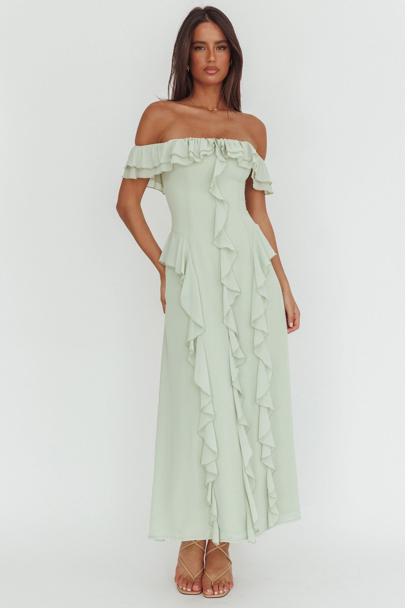 Scarlet Off-Shoulder Ruffle Trim Maxi Dress Sage by Selfie Leslie Australia