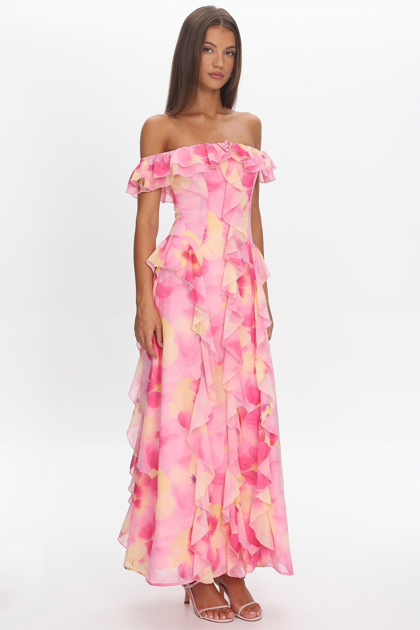 Scarlet Off-Shoulder Ruffle Trim Maxi Dress Print Pink by Selfie Leslie Australia