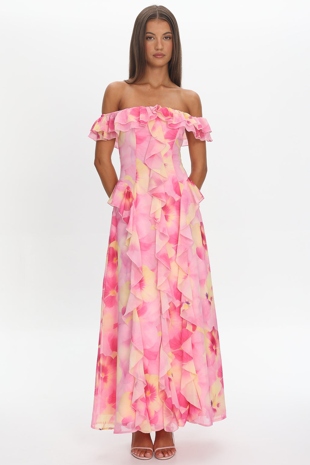 Scarlet Off-Shoulder Ruffle Trim Maxi Dress Print Pink by Selfie Leslie Australia