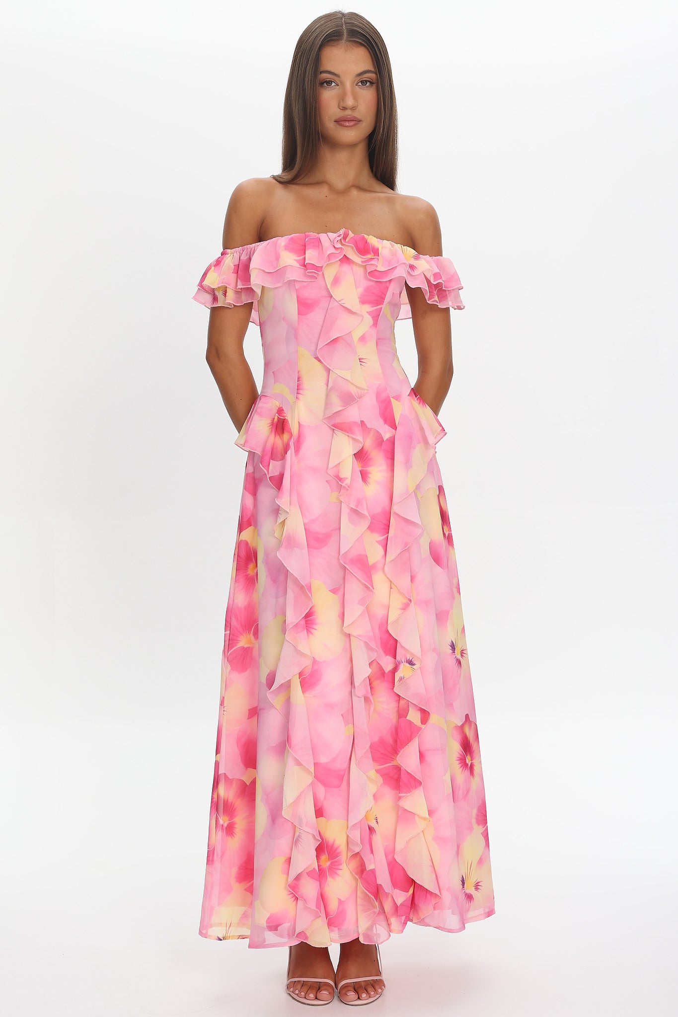 Scarlet Off-Shoulder Ruffle Trim Maxi Dress Print Pink by Selfie Leslie Australia