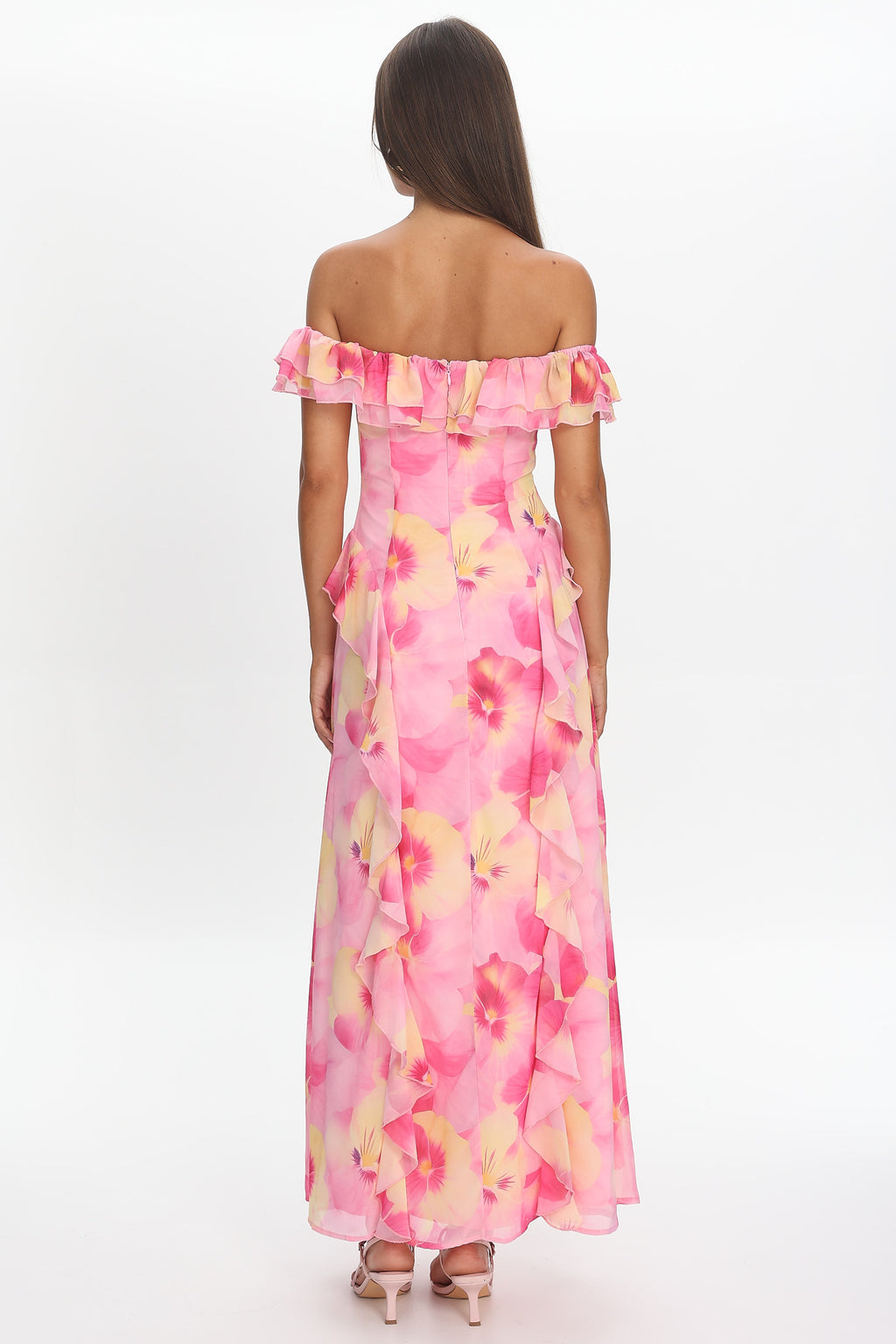 Scarlet Off-Shoulder Ruffle Trim Maxi Dress Print Pink by Selfie Leslie Australia