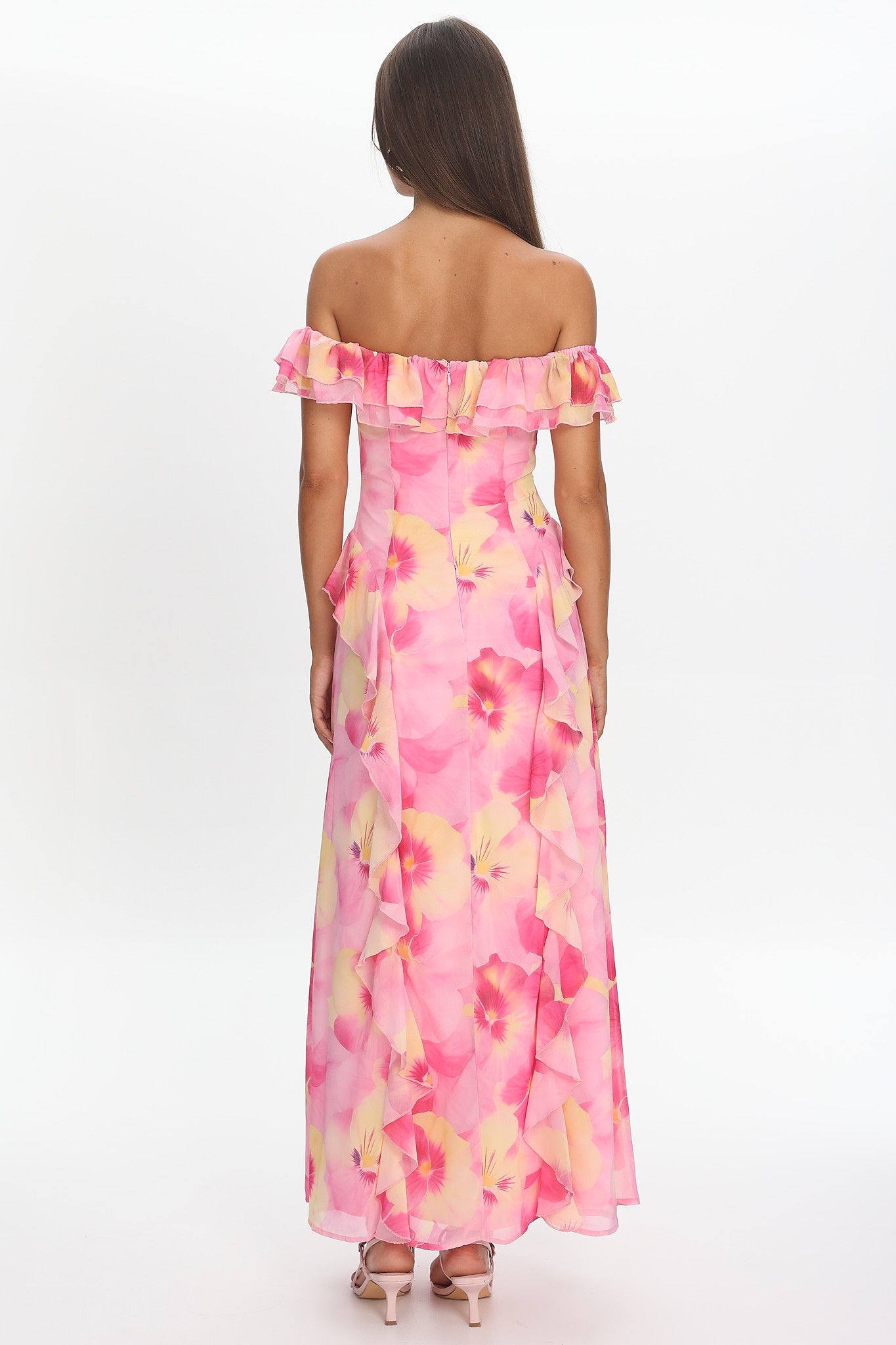 Scarlet Off-Shoulder Ruffle Trim Maxi Dress Print Pink by Selfie Leslie Australia