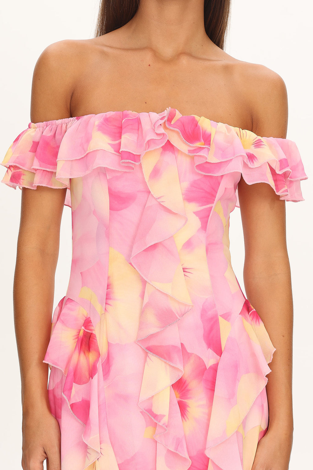 Scarlet Off-Shoulder Ruffle Trim Maxi Dress Print Pink by Selfie Leslie Australia