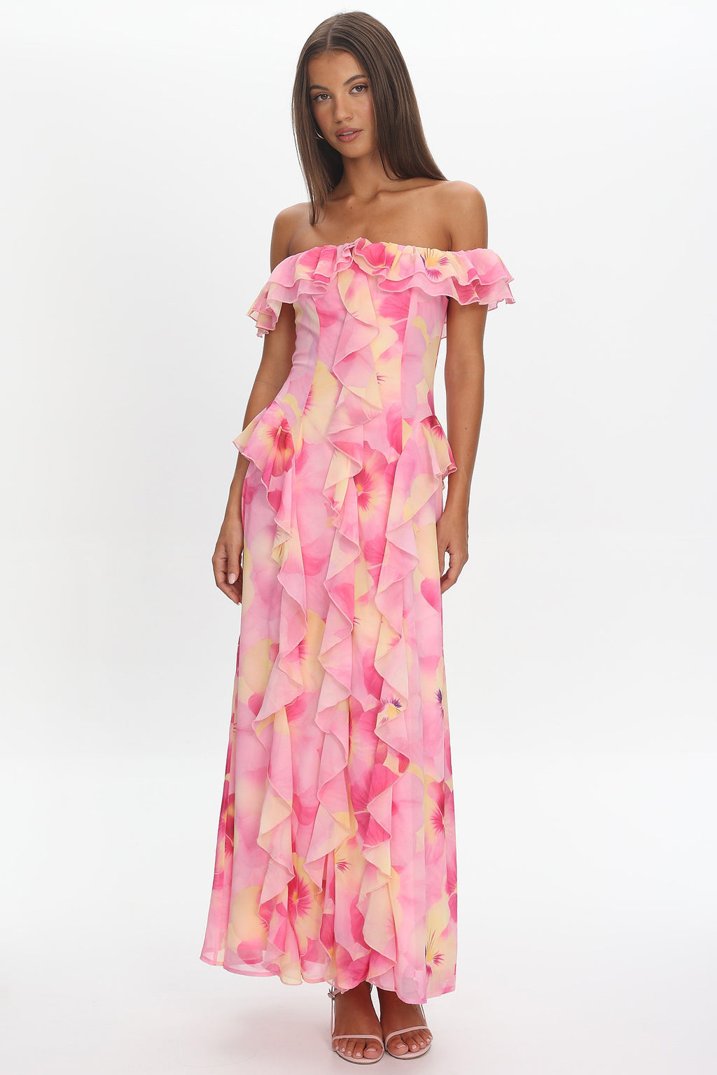 Scarlet Off-Shoulder Ruffle Trim Maxi Dress Print Pink by Selfie Leslie Australia