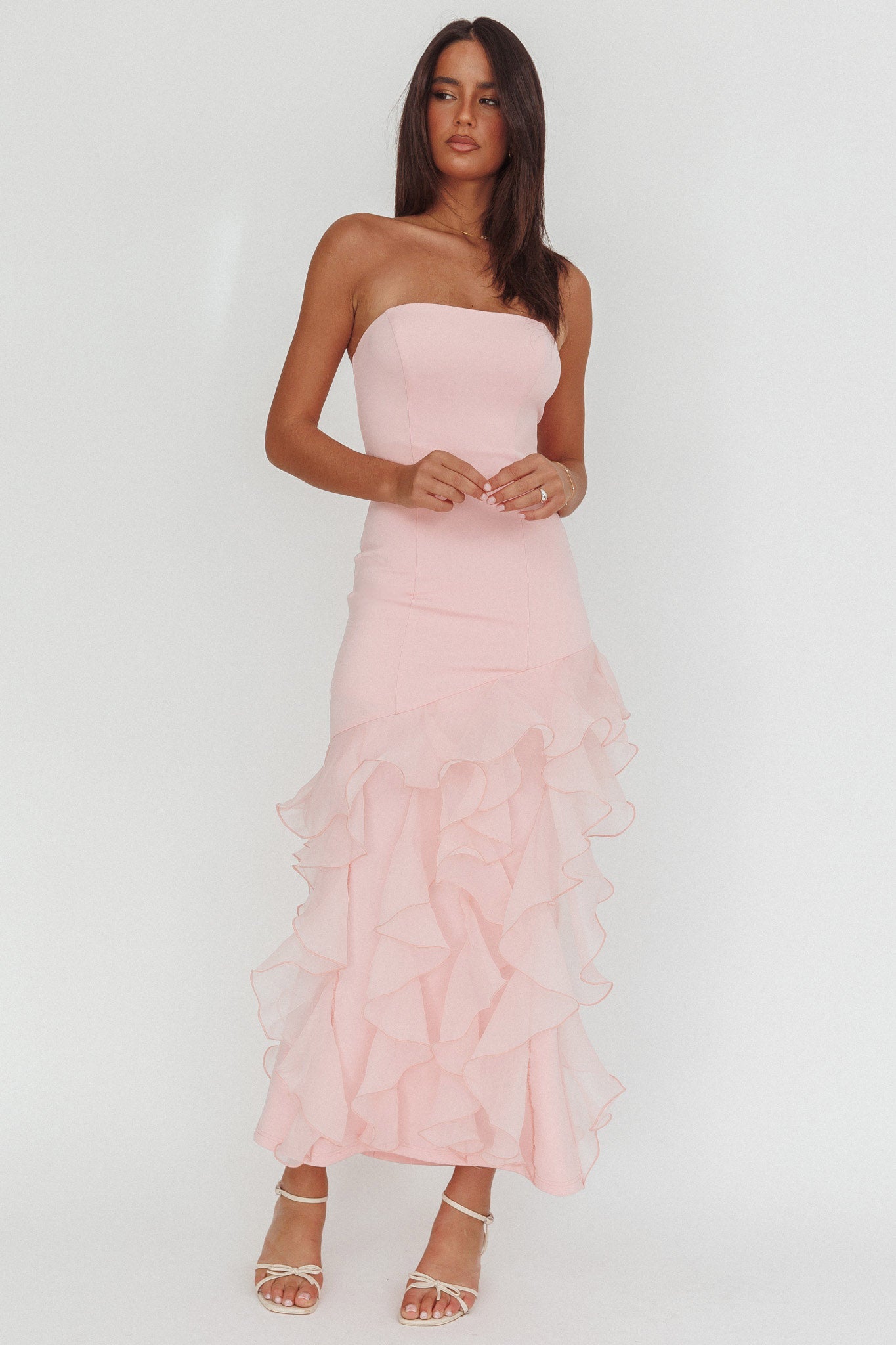 Kioto Strapless Organza Trim Maxi Dress Blush by Selfie Leslie Australia