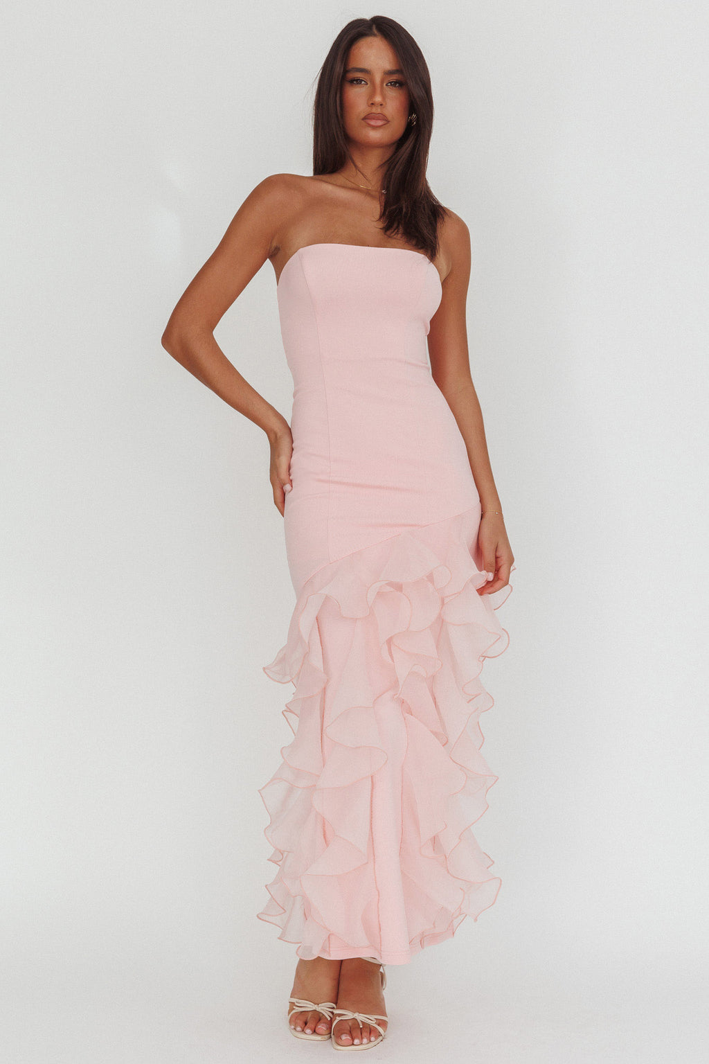 Kioto Strapless Organza Trim Maxi Dress Blush by Selfie Leslie Australia