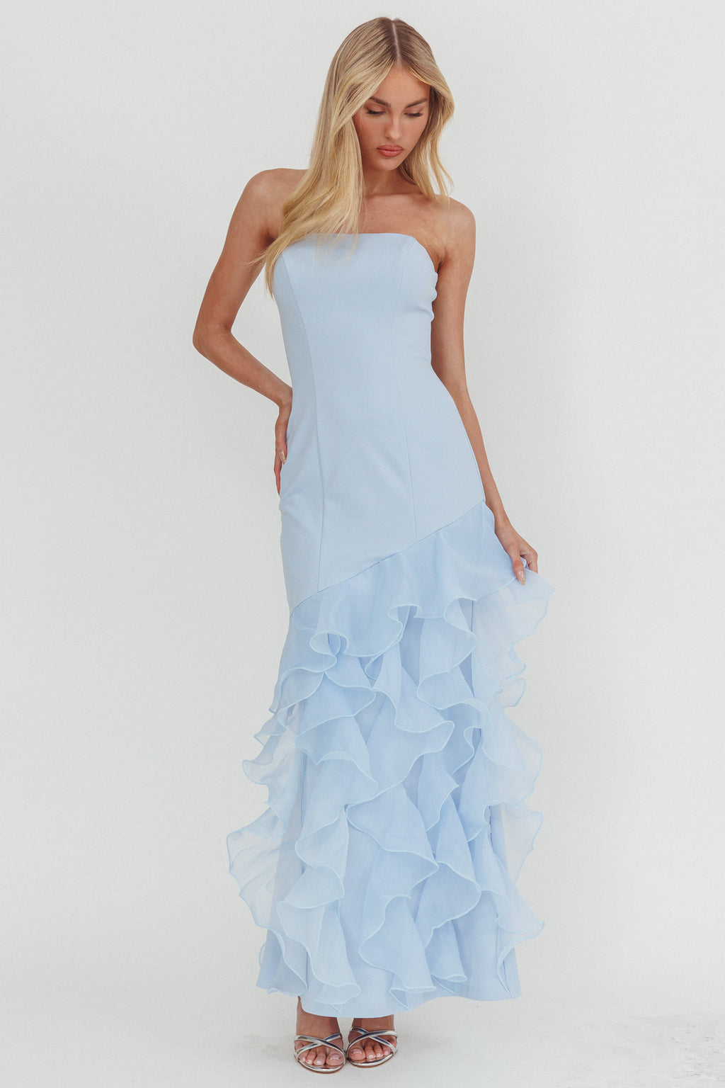 Kioto Strapless Organza Trim Maxi Dress Blue by Selfie Leslie Australia