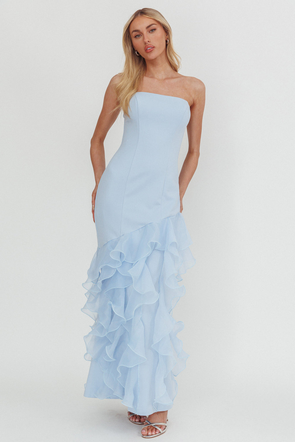 Kioto Strapless Organza Trim Maxi Dress Blue by Selfie Leslie Australia