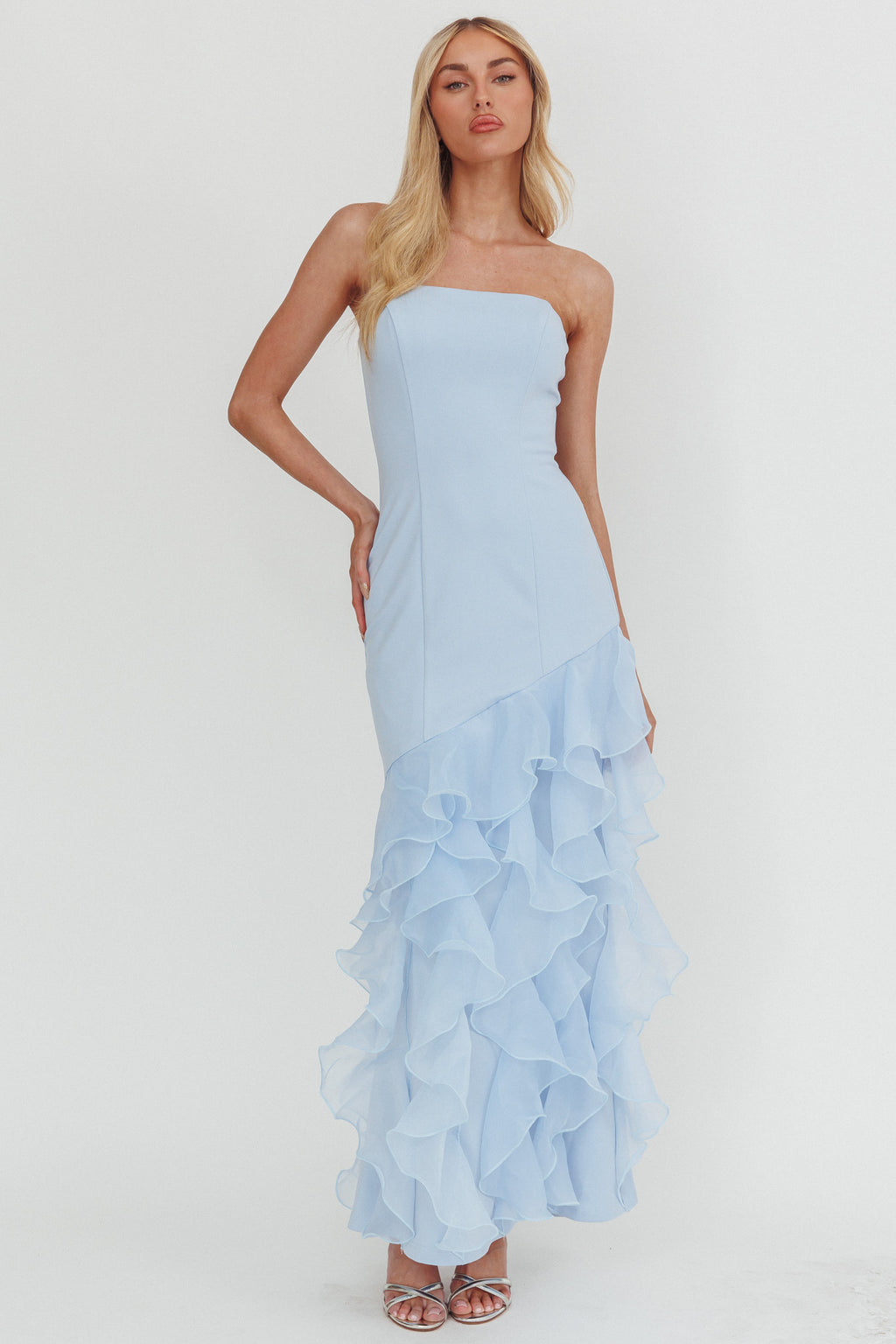 Kioto Strapless Organza Trim Maxi Dress Blue by Selfie Leslie Australia