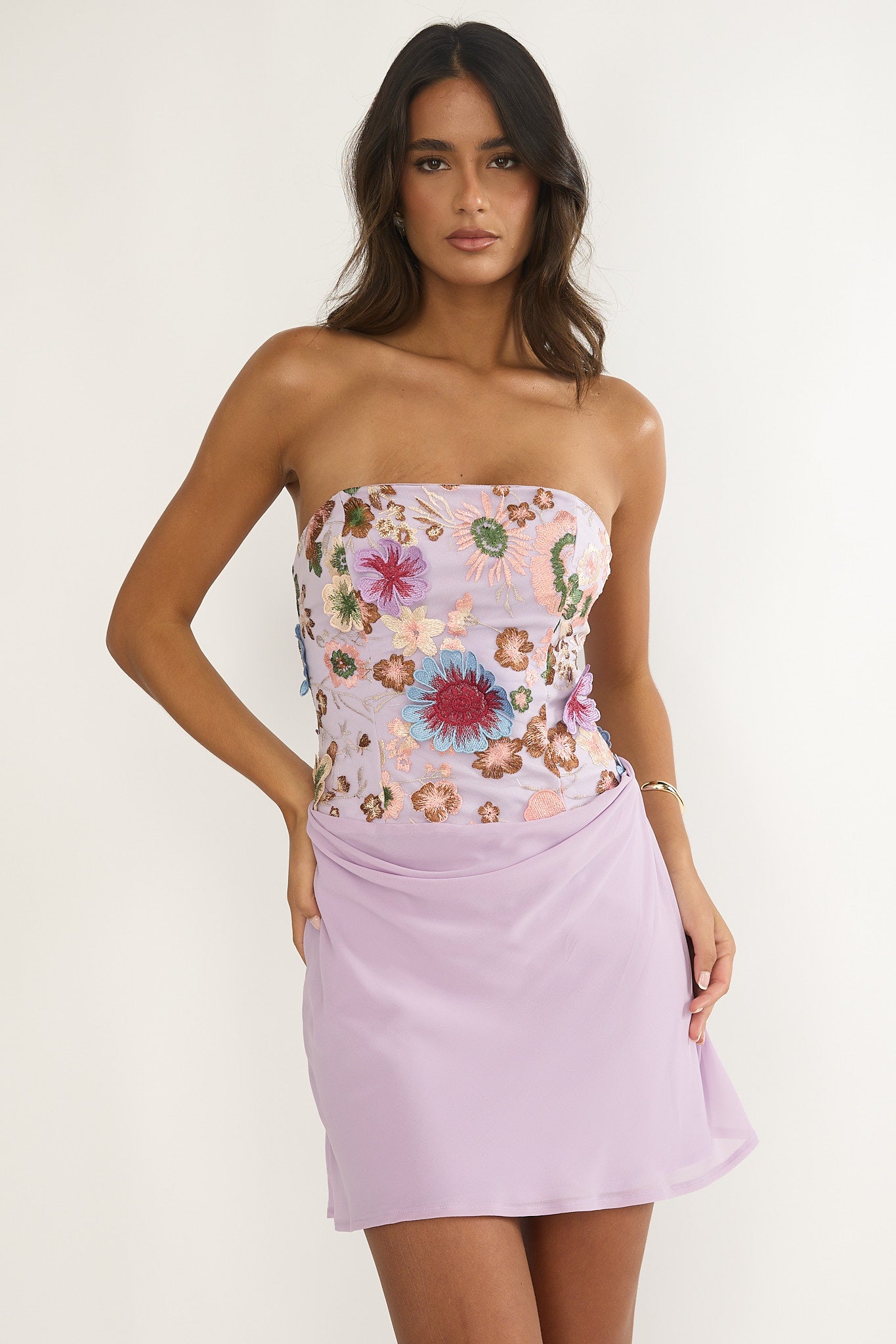 Ulyssia Strapless Floral Embellished Mini Dress Purple by Selfie Leslie Australia