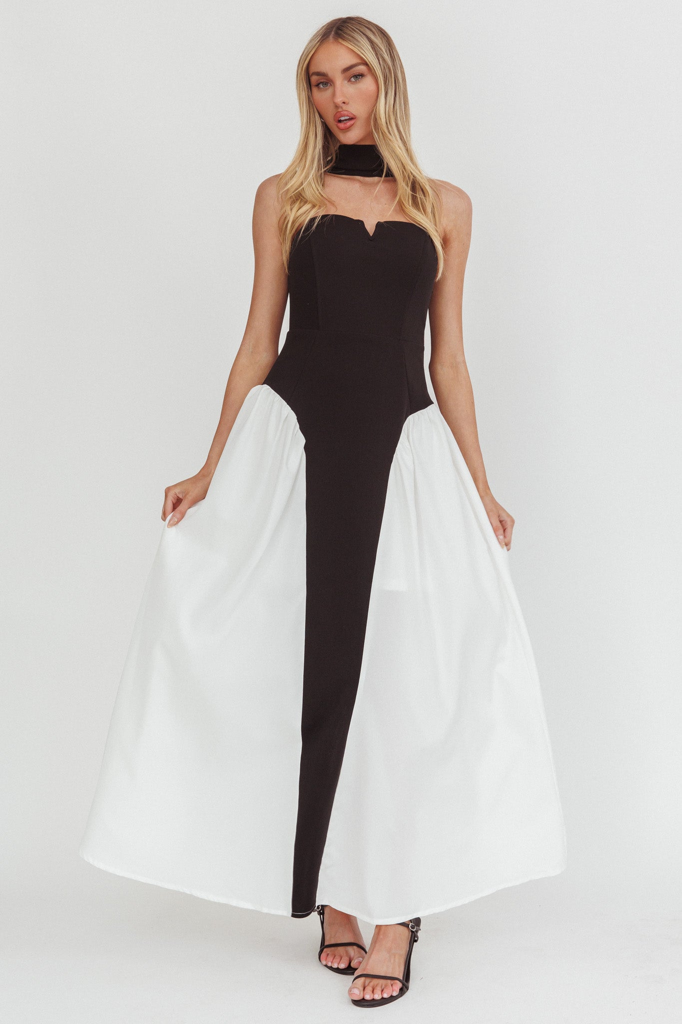 Lennix Strapless Scarf  Maxi Dress Black/White by Selfie Leslie Australia