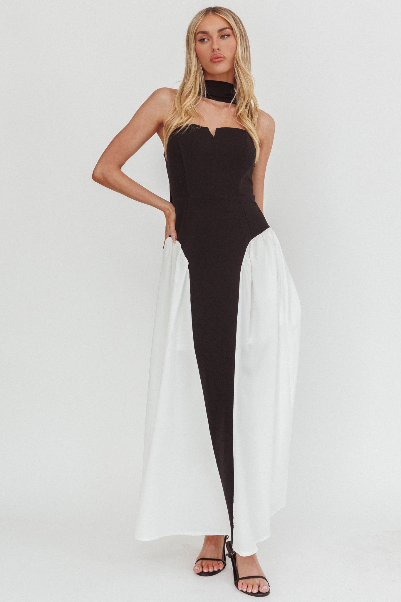 Lennix Strapless Scarf  Maxi Dress Black/White by Selfie Leslie Australia