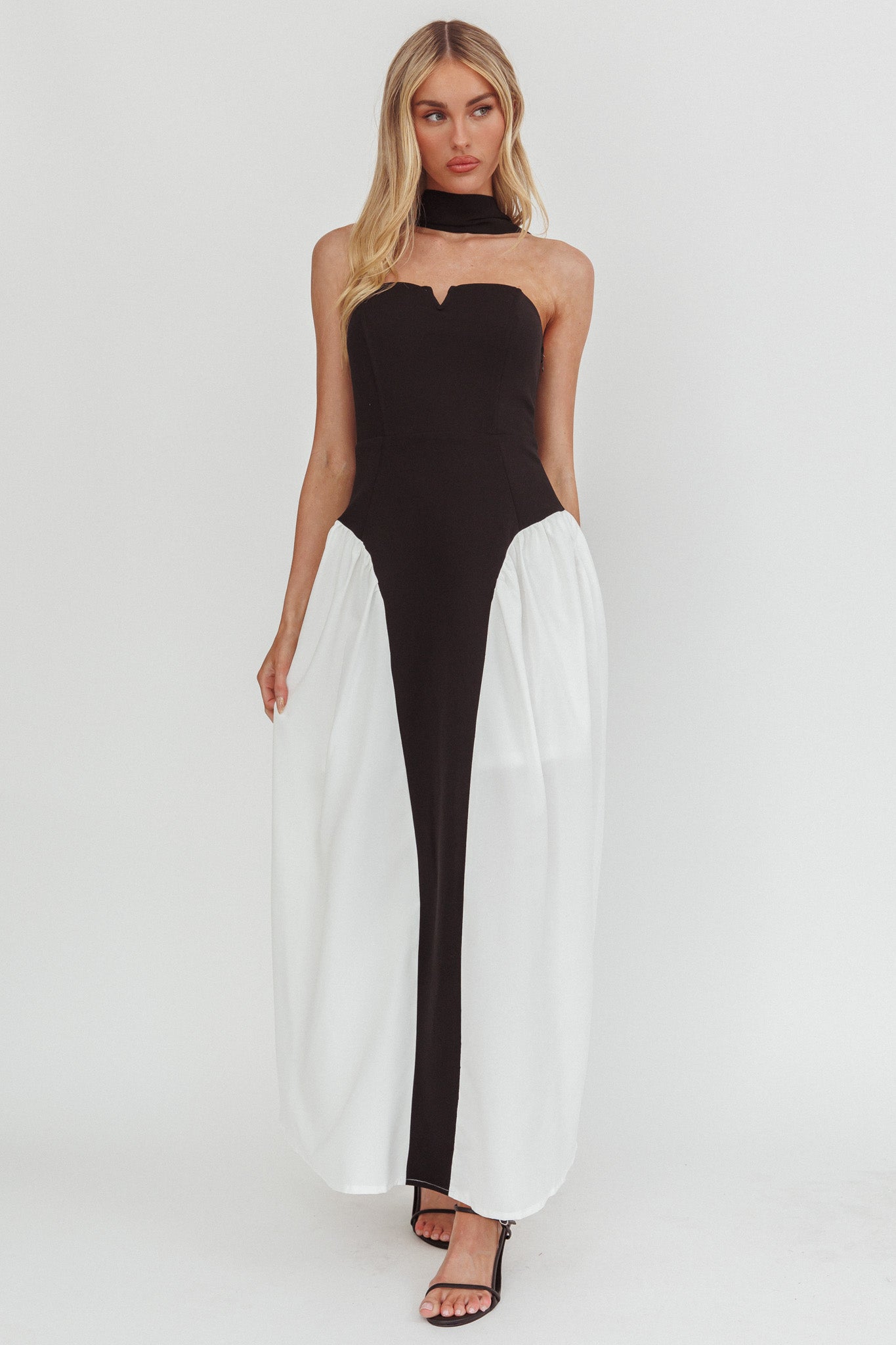 Lennix Strapless Scarf  Maxi Dress Black/White by Selfie Leslie Australia