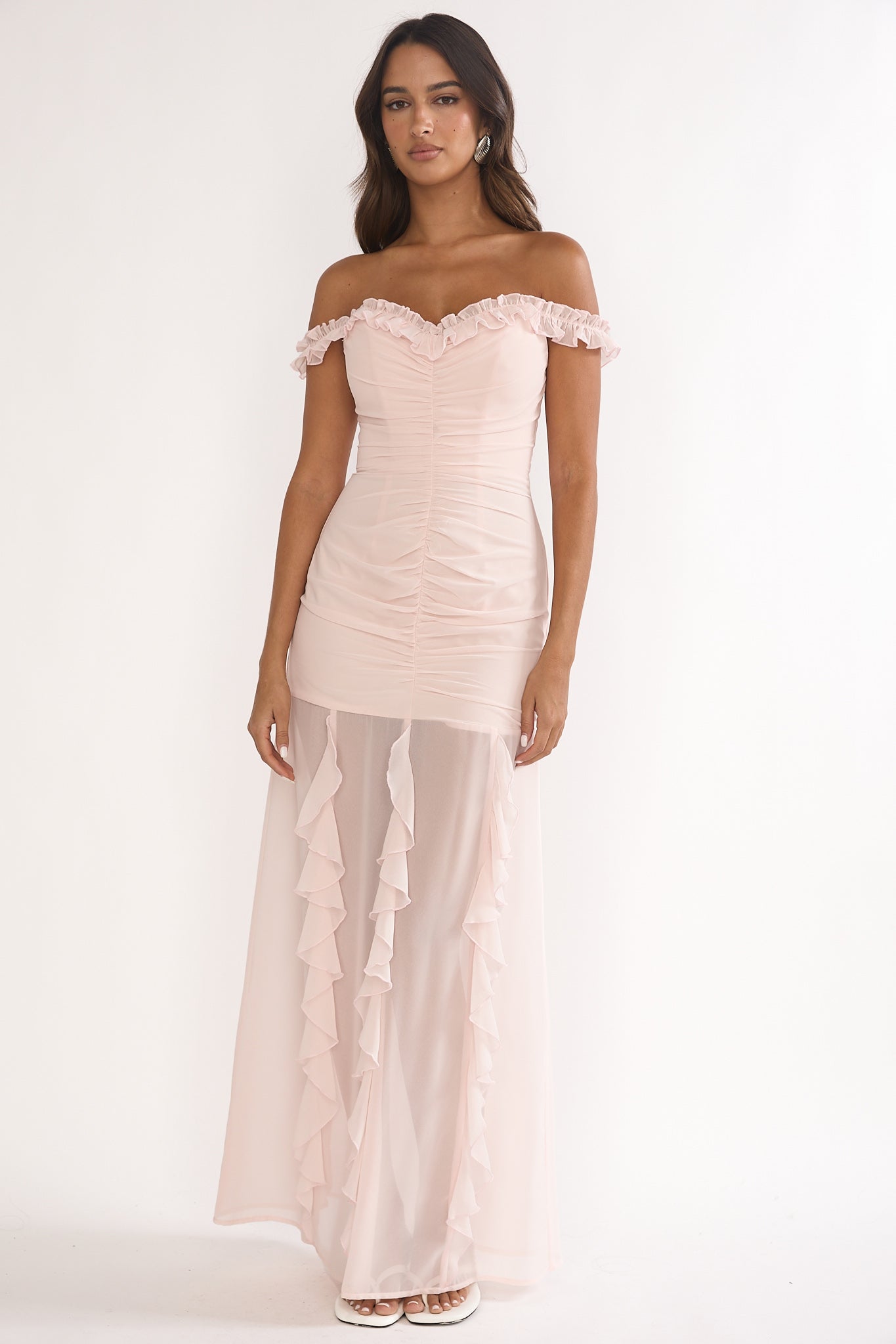 Fall In Love Off Shoulder Frill Maxi Dress Power Pink by Selfie Leslie Australia