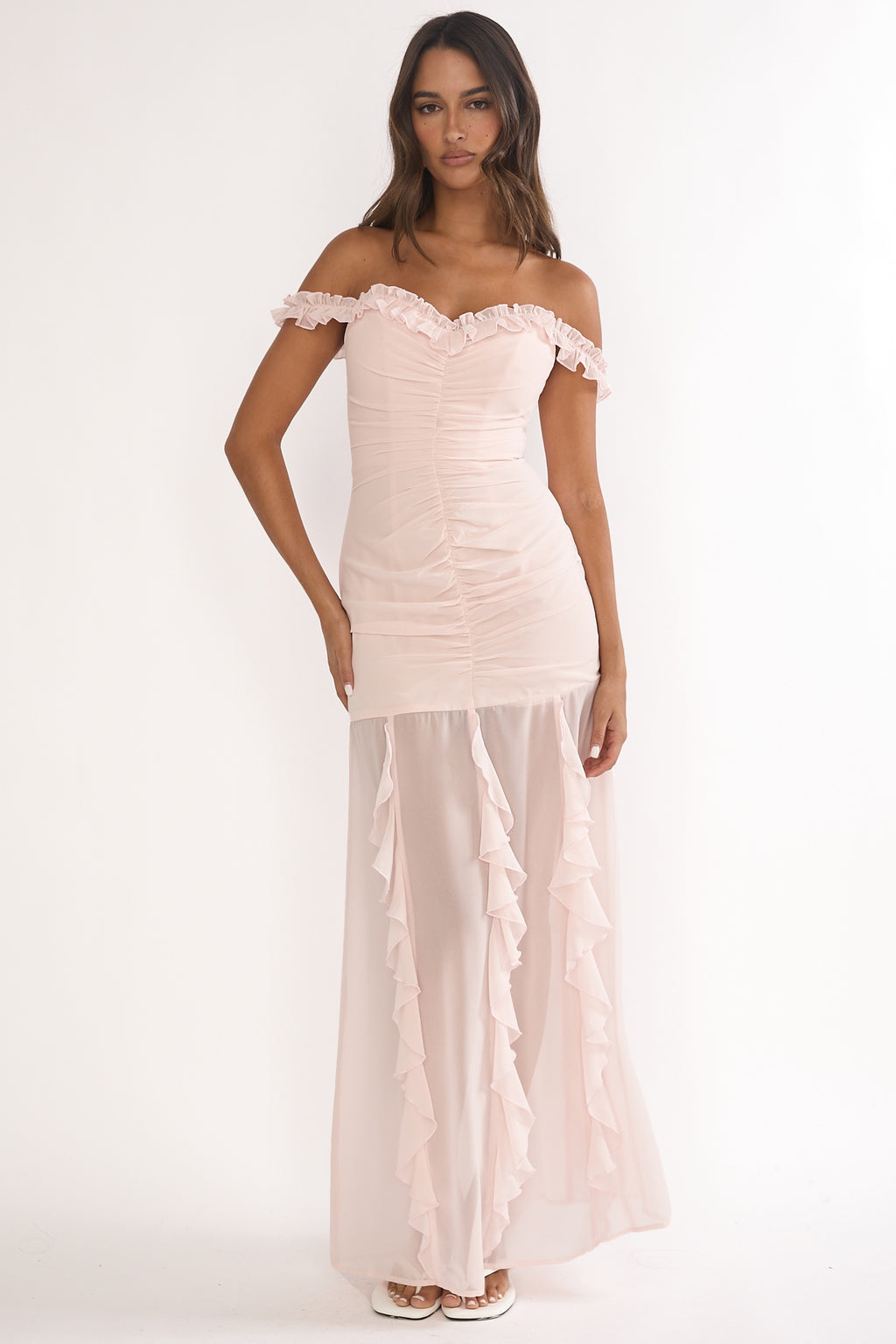 Fall In Love Off Shoulder Frill Maxi Dress Power Pink by Selfie Leslie Australia